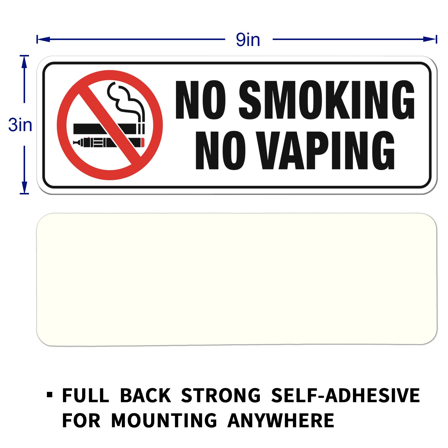 No Smoking No Vaping Sign, (4 Pack) 9 X 3 Inch, Self-Adhesive, Use for
