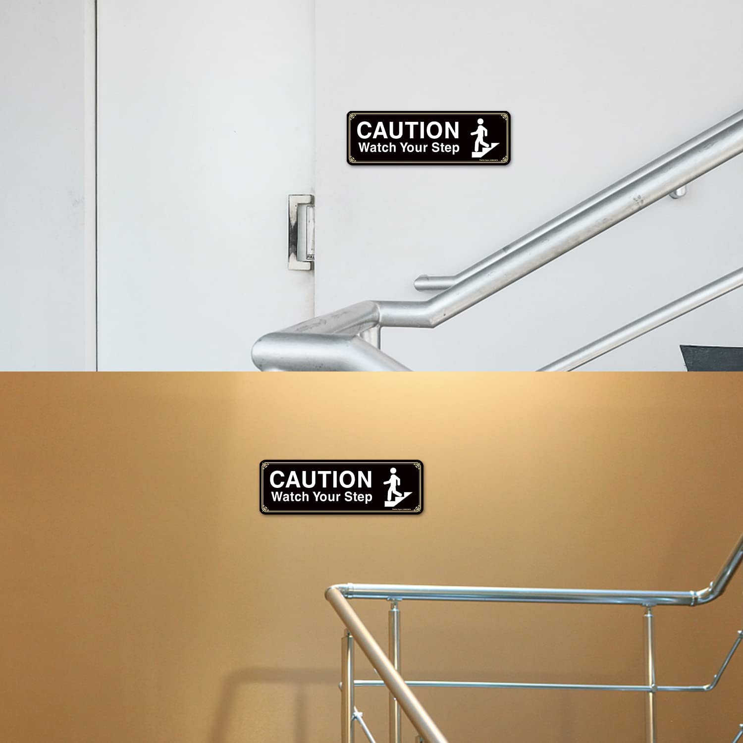 Caution Watch Your Step Sign, (4 Pack) 9 X 3 Inch, Self-Adhesive, Use for Home Office/Business, Easy to Apply, White Big Letters on Black Plate
