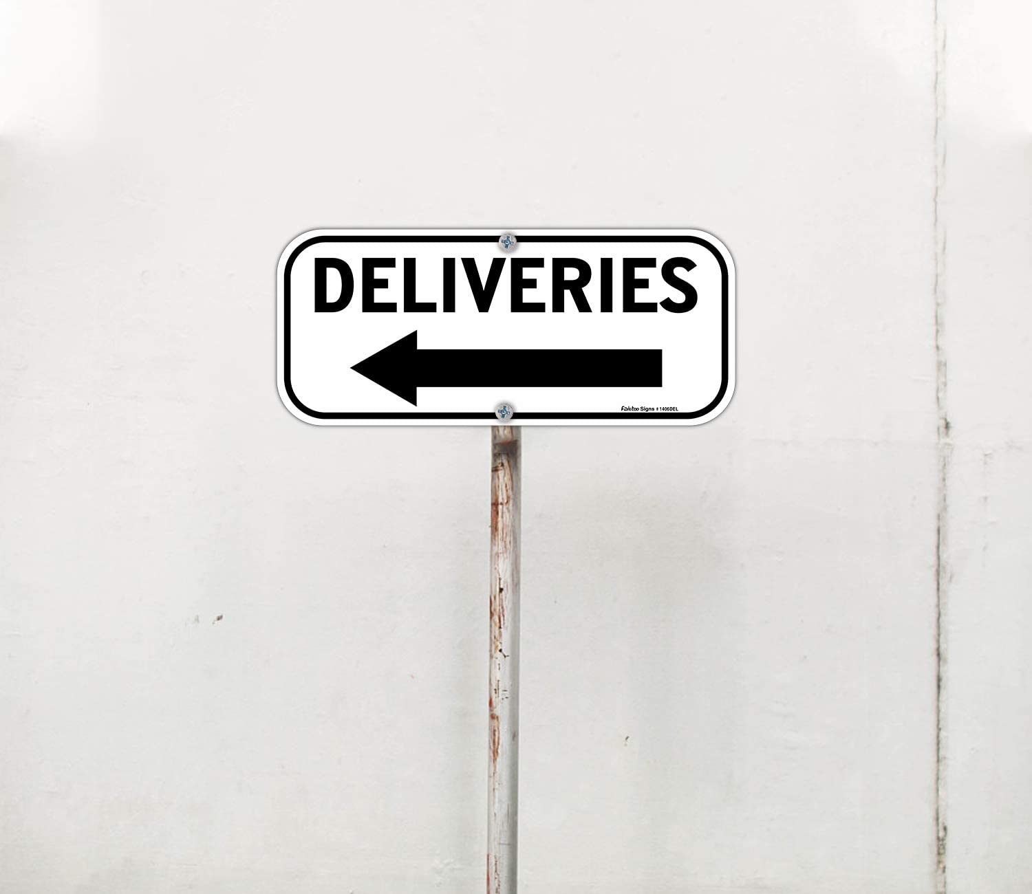 Deliveries Sign with Arrow,  Rectangle Rust Free Aluminum Metal Sign,Weather/Fade Resistant,Easy to Mount,Black on White,Indoor/Outdoor Use (Left)