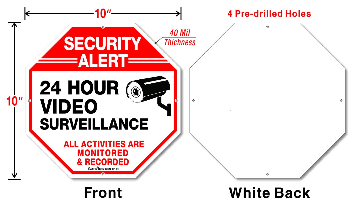 2-Pack Video Surveillance Sign, 10 x 10 Rust Free .040 Aluminum Security Warning Reflective Metal Signs, Indoor or Outdoor Use for Home Business CCTV Security Camera, UV Protected &amp; Waterproof,Red