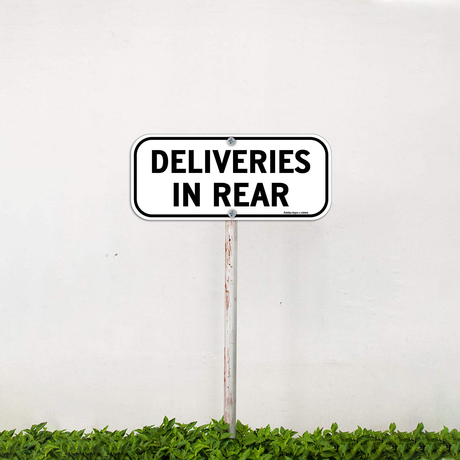 Deliveries in Rear Sign,14x6 Inches Rectangle Rust Free Aluminum Metal Sign,Weather/Fade Resistant,Easy to Mount, Black on White,Indoor/Outdoor Use