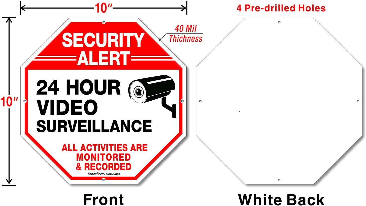 (4 Pack) "Security Alert, 24 Hour Video Surveillance, All Activities Monitored" Signs,10x10 Inches .040 Aluminum Reflective Warning Sign for Home Business CCTV Security Camera, Indoor or Outdoor Use