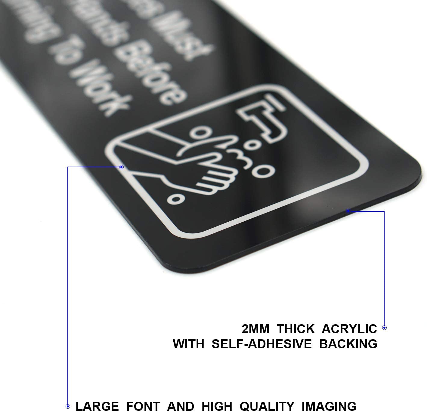 Employees Must Wash Hands Before Returning to Work Sign, (4 Pack) 9 x 3 Inch Acrylic Plastic Sign with Symbols, Self-adhesive, for Restaurant, Salons, Hotel, Motel, Rest Stops, Public Restrooms