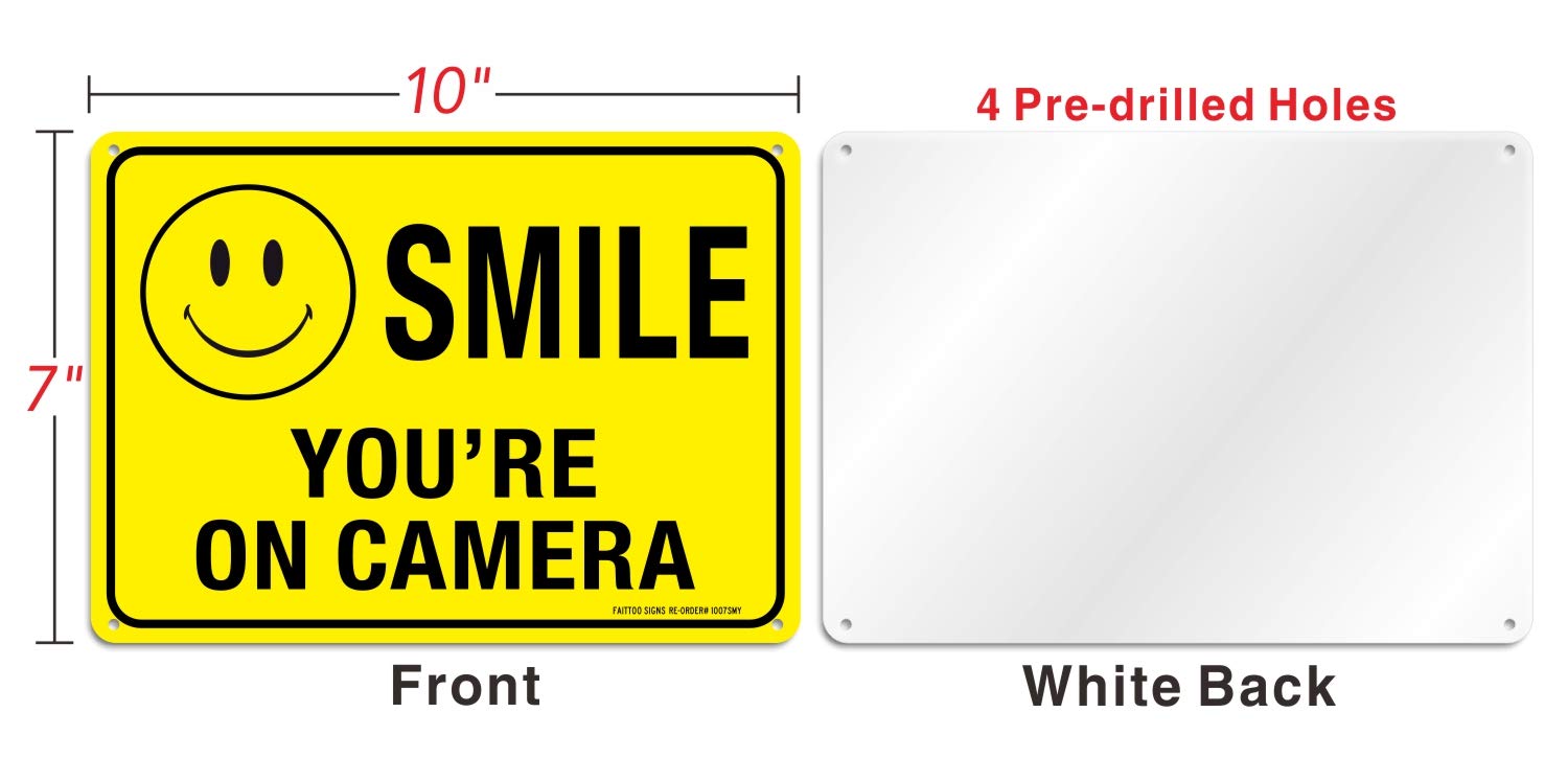 (4 Pack) Faittoo Smile You're On Camera Sign, 10x7 Reflective Rust Free .40 Aluminum, UV Protected, Weather Resistant, Durable Ink, Indoor & Outdoor Use for Home Business CCTV Security Camera