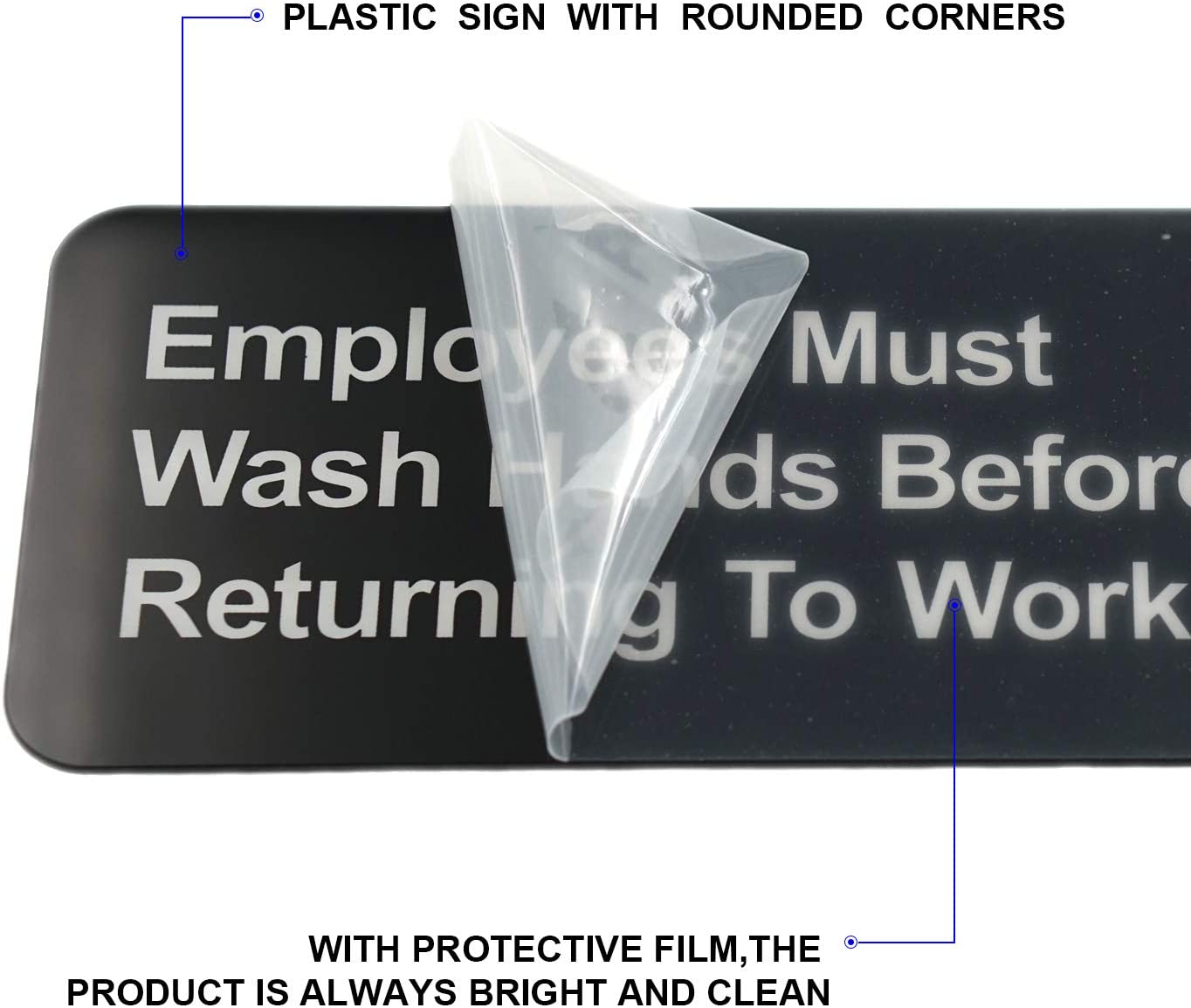 Employees Must Wash Hands Before Returning to Work Sign, (4 Pack) 9 x 3 Inch Acrylic Plastic Sign with Symbols, Self-adhesive, for Restaurant, Salons, Hotel, Motel, Rest Stops, Public Restrooms