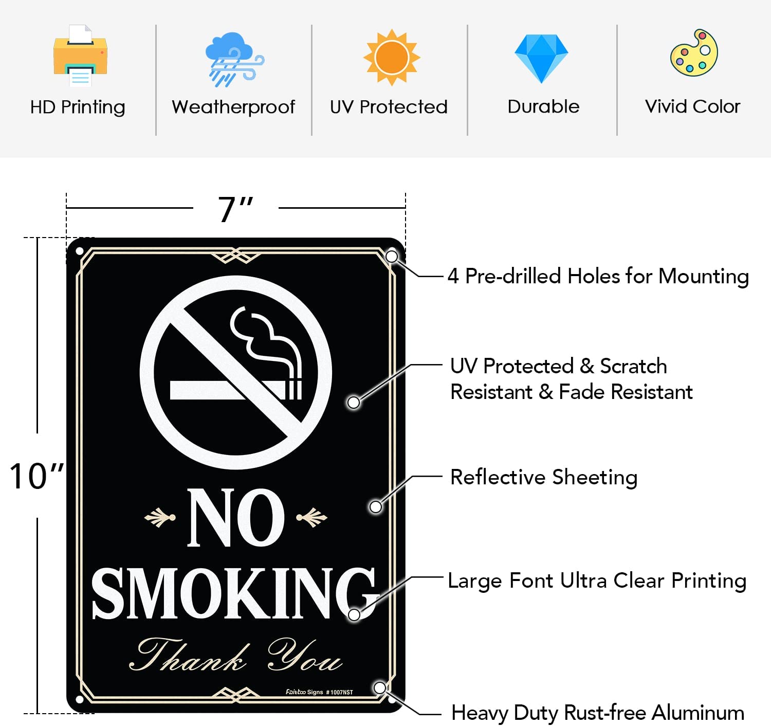 Faittoo No Smoking Sign, 2-Pack 10 x 7 Inch Reflective Rust Free Alumi