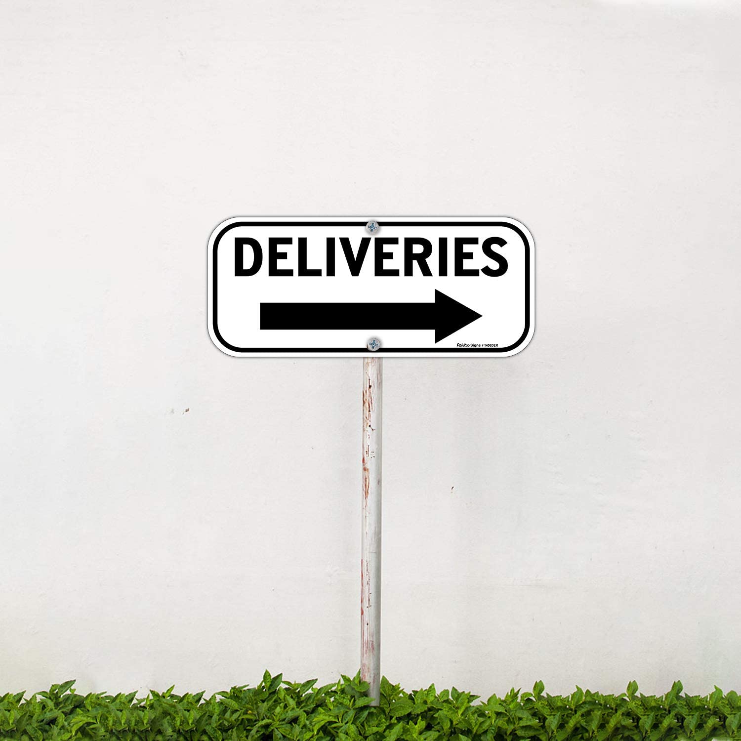 Deliveries Sign with Arrow,  Rectangle Rust Free Aluminum Metal Sign,Weather/Fade Resistant,Easy to Mount,Black on White,Indoor/Outdoor Use (Left)