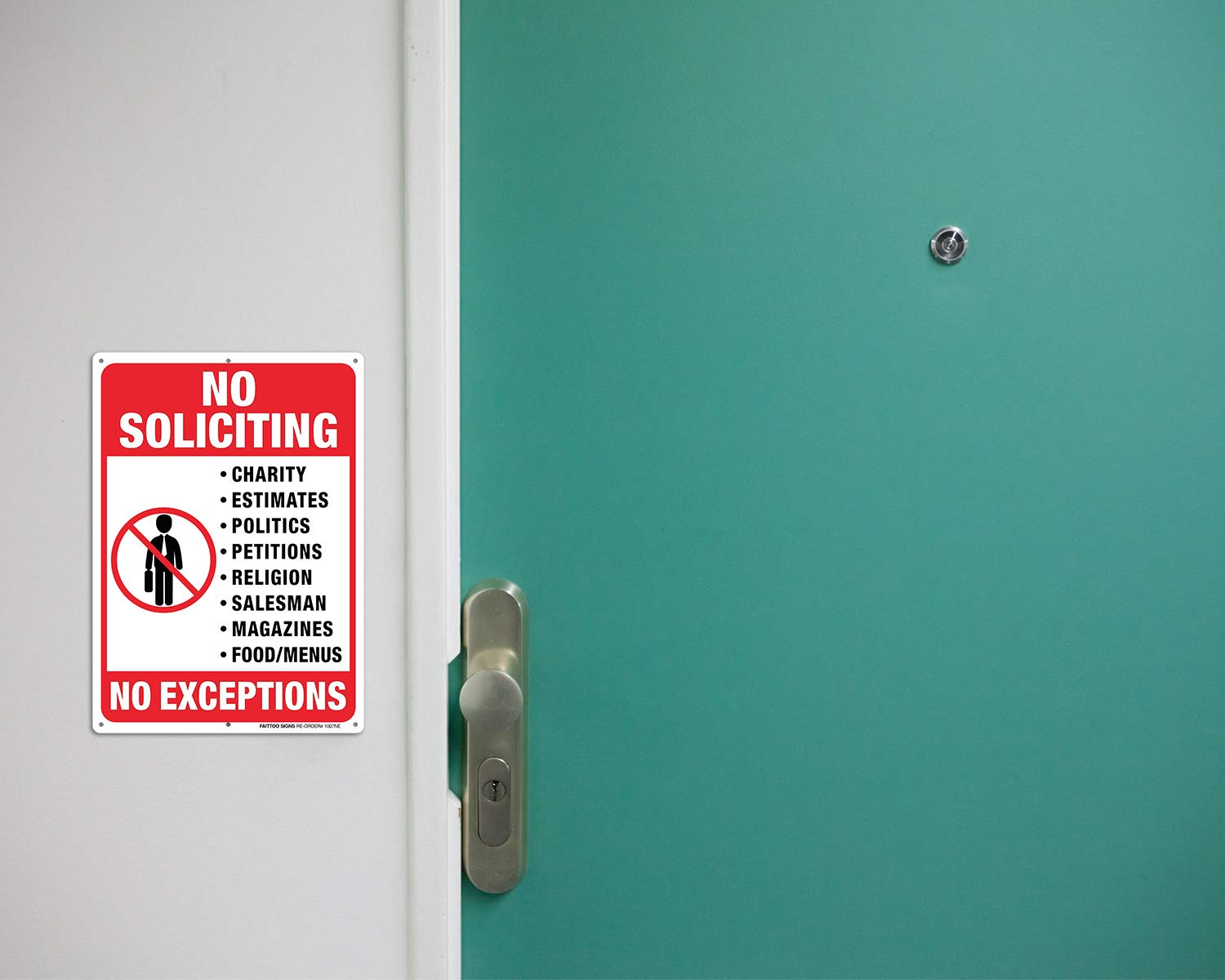 No Soliciting Sign for House, No Exception Metal Reflective Warning Sign 2 Pack, Sturdy 10 X 7 Rust Free .040 Aluminum Sign Indoor &amp; Outdoor Use for Business, UV Protected &amp; Waterproof, Easy to Mount