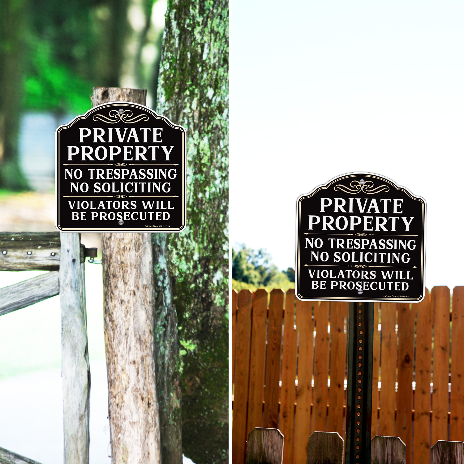 Faittoo Private Property No Trespassing No Soliciting Sign, Violators Will Be Prosecuted Sign, 11.6 x 11.6 Inch Reflective Aluminum, UV Protected, Weather/Fade Resistant, Easy to Install