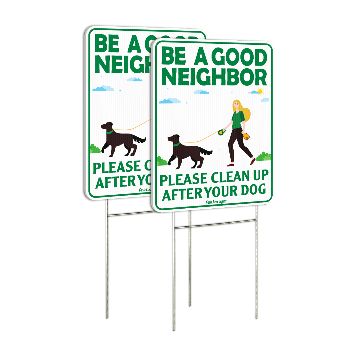 Be a Good Neighbor Clean Up After Your Dog 12 x 9 Inches Yard Sign with Metal Wire H-Stakes, Double Sided, 2-Pack No Pooping Dog Lawn Signs, Waterproof, Weather Resistant, Easy to Mount
