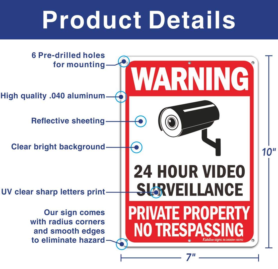 No Trespassing Signs, Private Property Sign, Warning Sign, Video Surveillance Sign, 2 Pack 10 x 7 Inches 0.40 Reflective Aluminum, UV Protected, Weather Resistant, Durable Ink, Easy to Mount