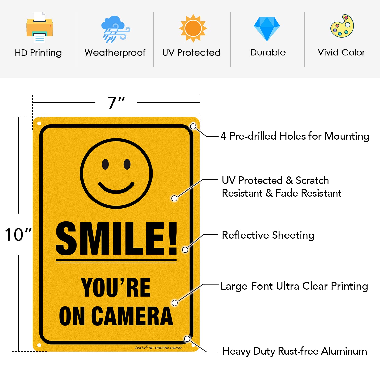 (2 Pack) Smile You're On Camera Video Surveillance Sign - 10 x7 Inches .040 Rust Free Heavy Duty Aluminum - Indoor or Outdoor Use for Home Business CCTV Security Camera,UV Protected & Reflective