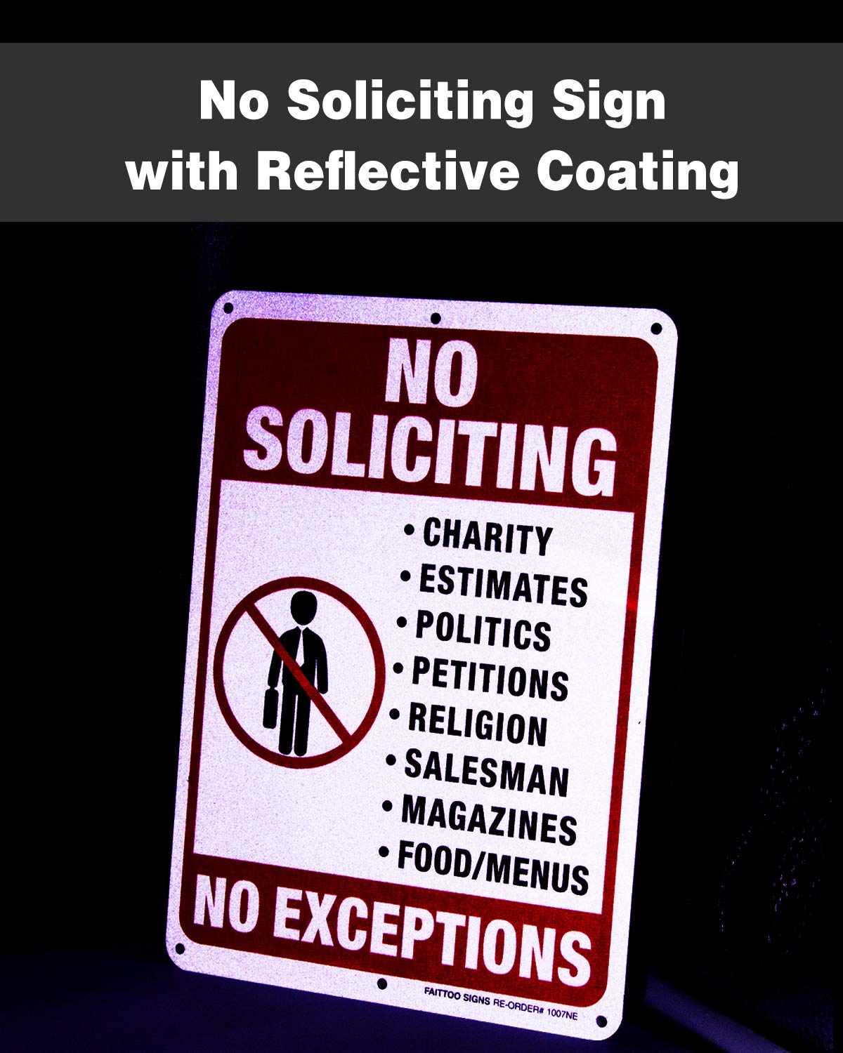 No Soliciting Sign for House, No Exception Metal Reflective Warning Sign 2 Pack, Sturdy 10 X 7 Rust Free .040 Aluminum Sign Indoor &amp; Outdoor Use for Business, UV Protected &amp; Waterproof, Easy to Mount