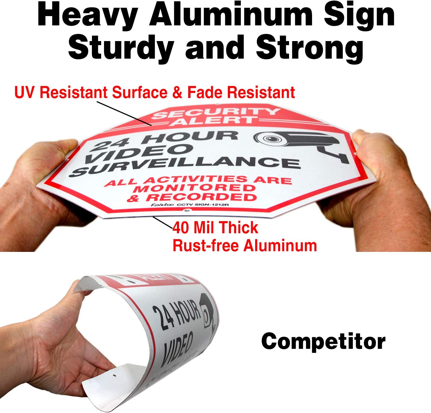 Video Surveillance Signs (2 Pack) 12 x 12 Rust Free .040 Aluminum Security Warning Reflective Metal Signs, Indoor or Outdoor Use for Home Business CCTV Security Camera, UV Protected &amp; Waterproof