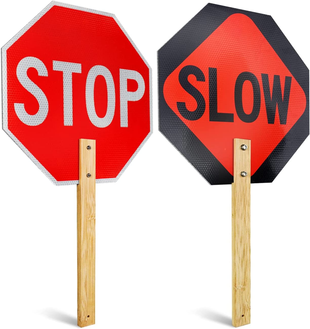 Stop Slow Sign with Bamboo Handle, 13&#34; x 13&#34; Double Sided Engineer Grade Aluminum Sign, Reflective,Sturdy, Easy to Assemble