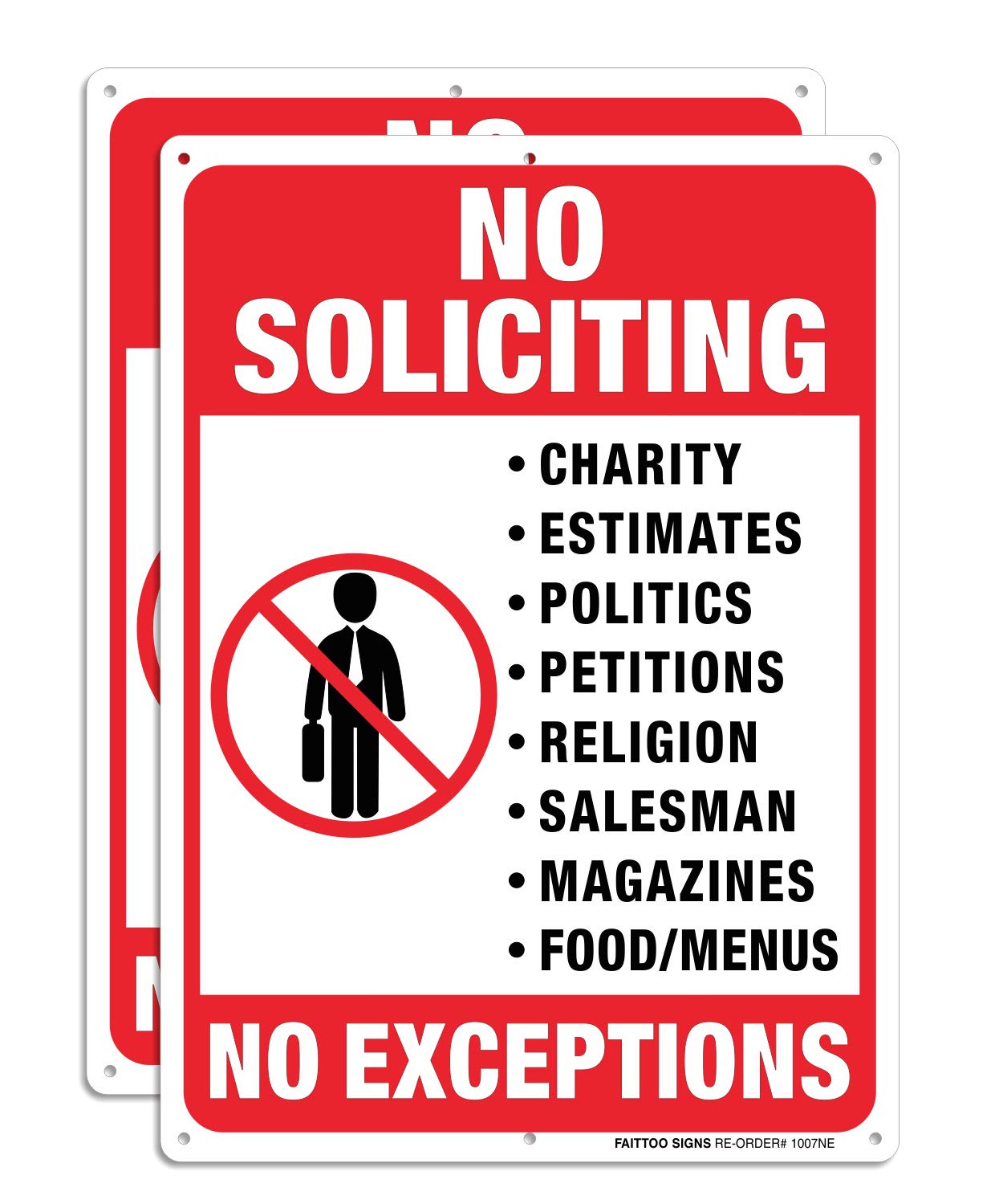 No Soliciting Sign for House, No Exception Metal Reflective Warning Sign 2 Pack, Sturdy 10 X 7 Rust Free .040 Aluminum Sign Indoor &amp; Outdoor Use for Business, UV Protected &amp; Waterproof, Easy to Mount