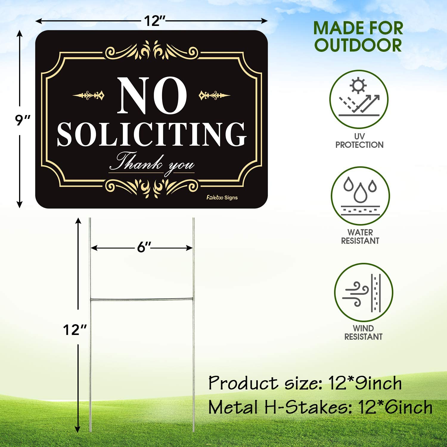Faittoo No Soliciting Sign for House Yard with Metal Stakes, 12 x 8 Heavy Duty Aluminum, Reflective, Fade Resistant,Weatherproof, UV Protected, Easy to Assemble, Up to 7 Years Outdoor Use