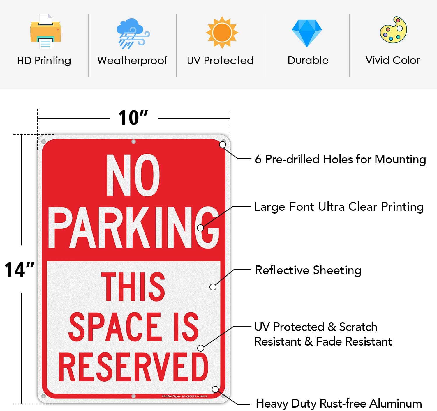 Faittoo No Parking This Space Is Reserved Sign, 14 x 10 Inch Reflective Aluminum Sign, UV Protected and Weatherproof, Durable Ink, Easy to Install and Read, Indoor/ Outdoors Use