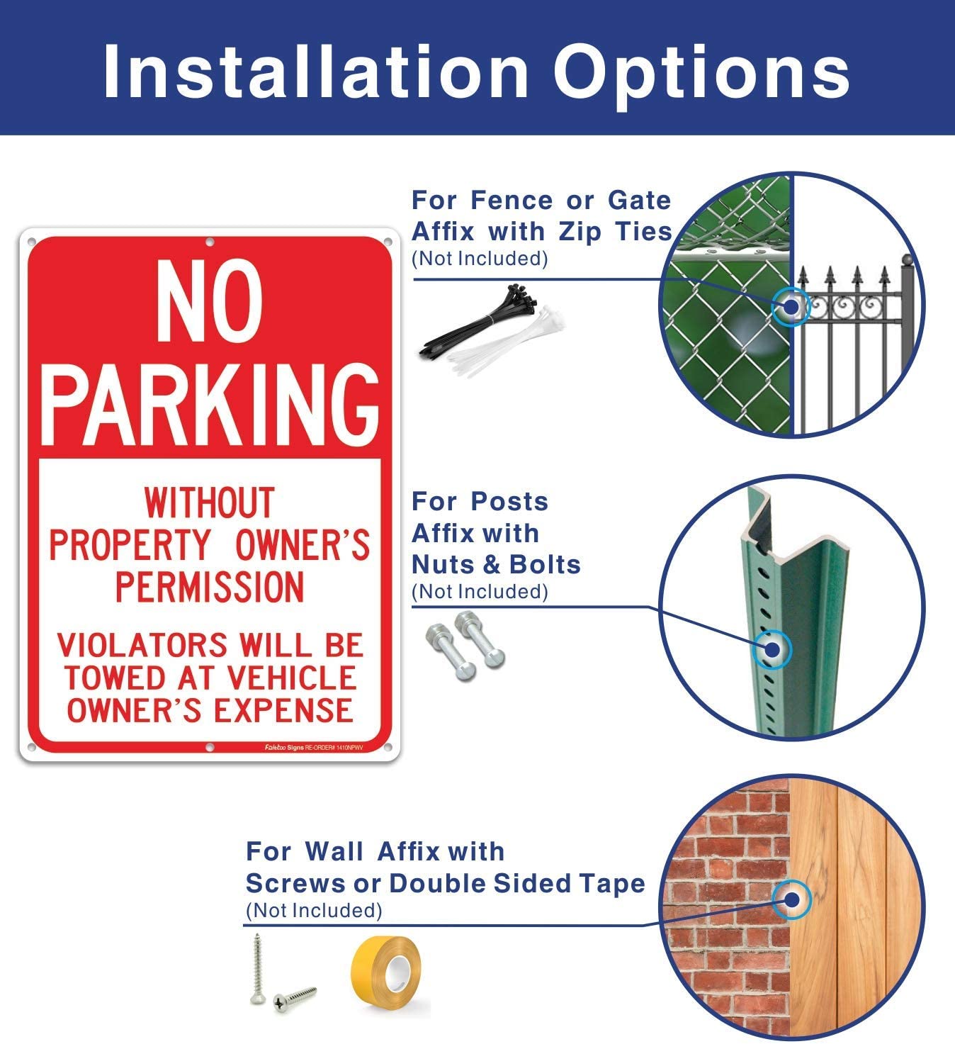 No Parking Without Property Owner's Permission Sign, Violators Will Be Towed at Vehicle Owner's Expense  14 x 10 Inches .40 Rust Free Aluminum Reflective Sign, UV Protected,Weather Resistant