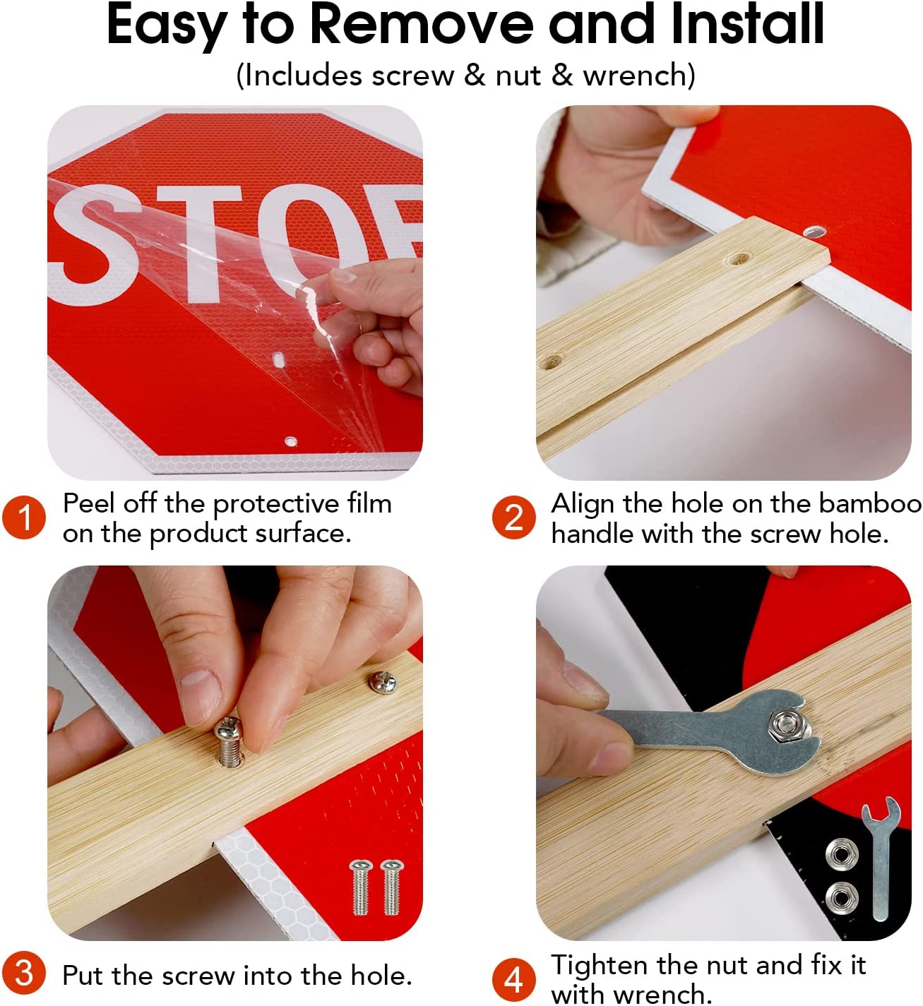 Stop Slow Sign with Bamboo Handle, 13" x 13" Double Sided Engineer Grade Aluminum Sign, Reflective,Sturdy, Easy to Assemble