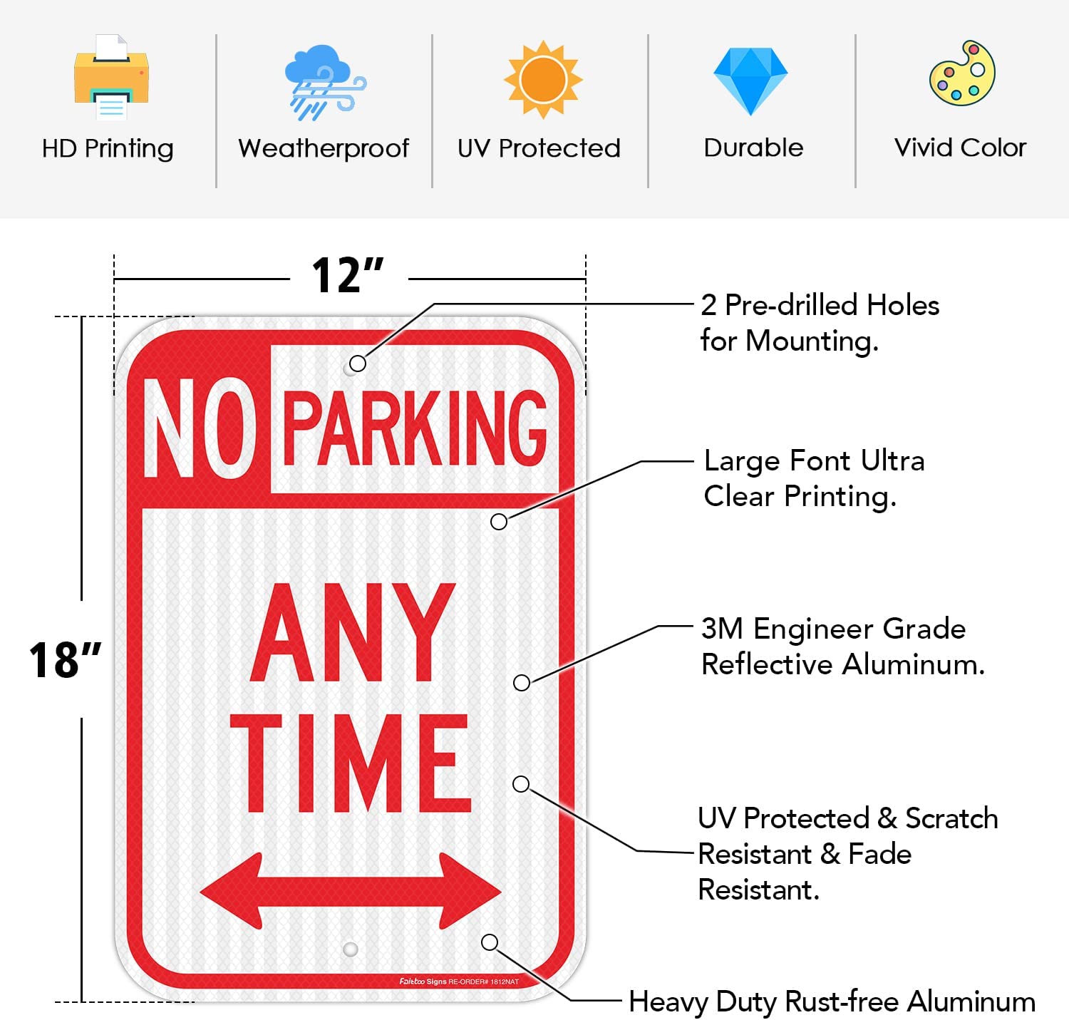 No Parking Anytime Sign with Arrows, No Parking Sign, 18 x 12 Inches Engineer Grade Reflective Sheeting Rust Free Aluminum, Weather Resistant, Waterproof, Durable Ink, Easy to Mount