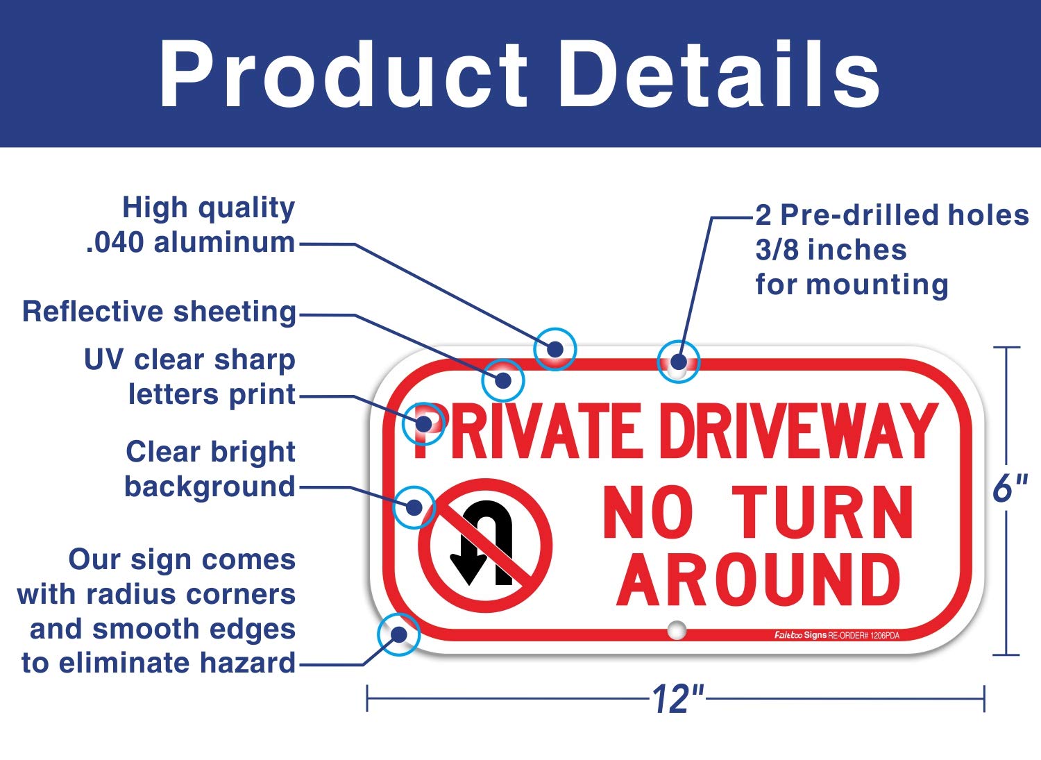 (2 Pack) Private Driveway, No Turn Around Sign, Private Driveway Sign, Reflective .40 Rust Free Aluminum 12 x 6 Inches, UV Protected, Weather Resistant, Waterproof, Durable Ink，Easy to Mount