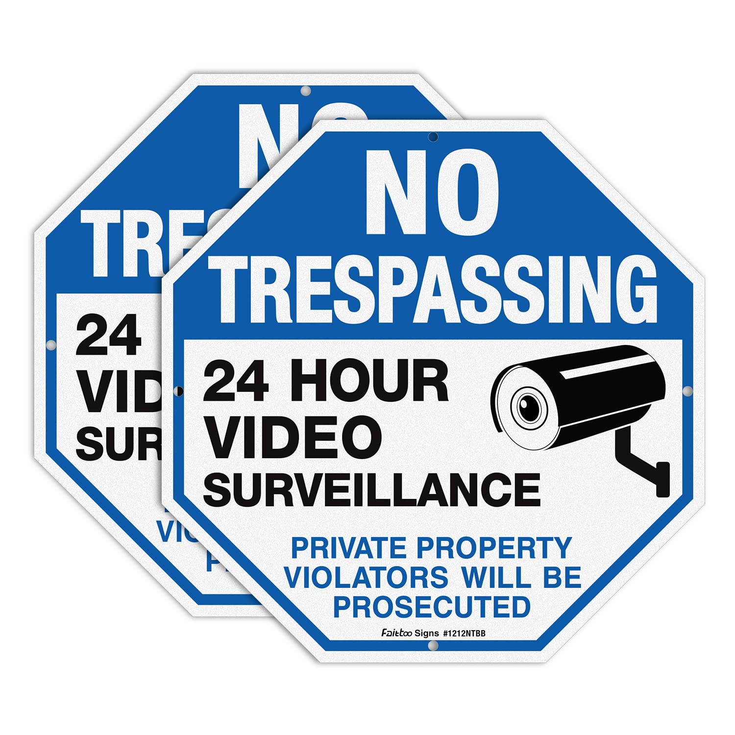 2-Pack No Trespassing Sign Private Property Protected By Video Surveillance Violators Will Be Prosecuted Sign, 12 x 12 Inch Reflective Aluminum, UV Protected, Weather/Fade Resistant, Easy to Install