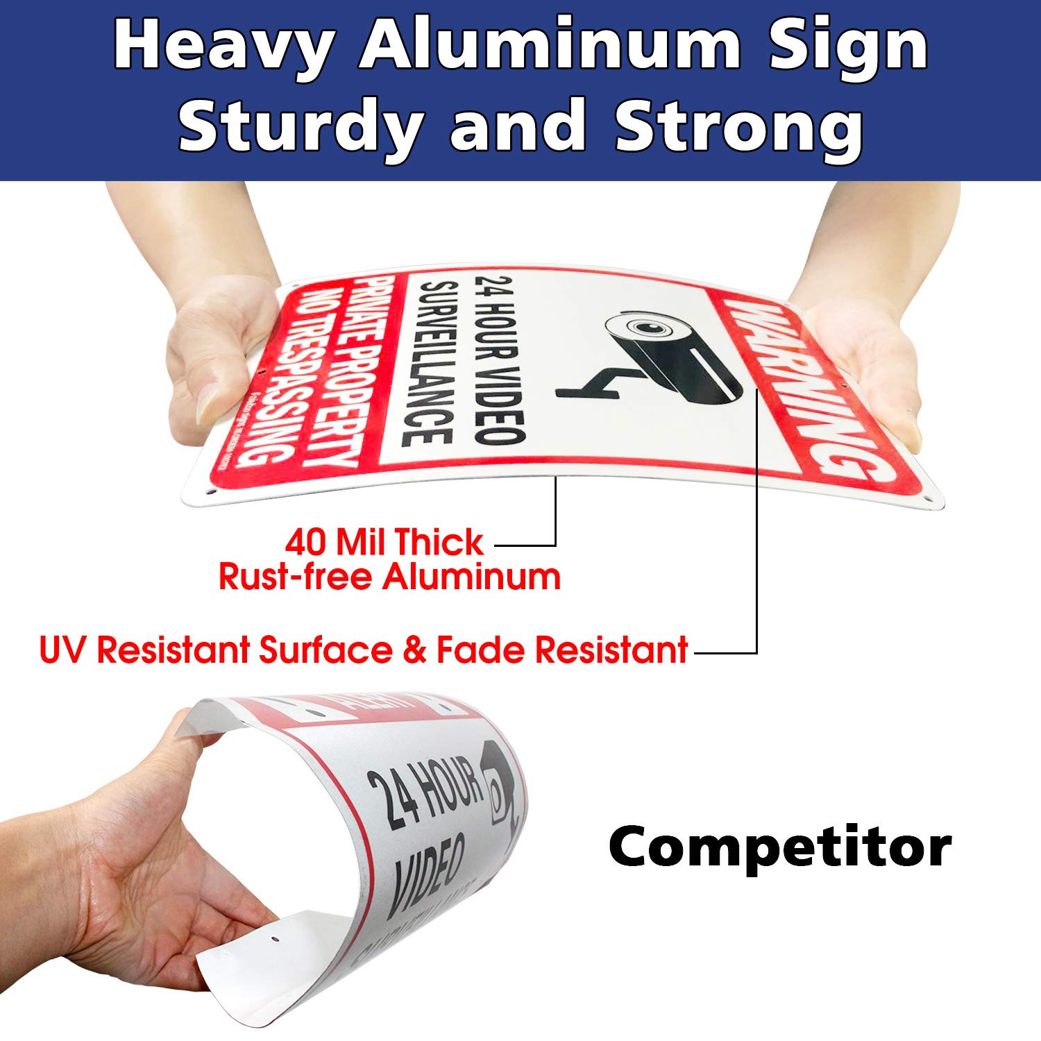 No Trespassing Signs, Private Property Sign, Warning Sign, Video Surveillance Sign, 2 Pack 10 x 7 Inches 0.40 Reflective Aluminum, UV Protected, Weather Resistant, Durable Ink, Easy to Mount