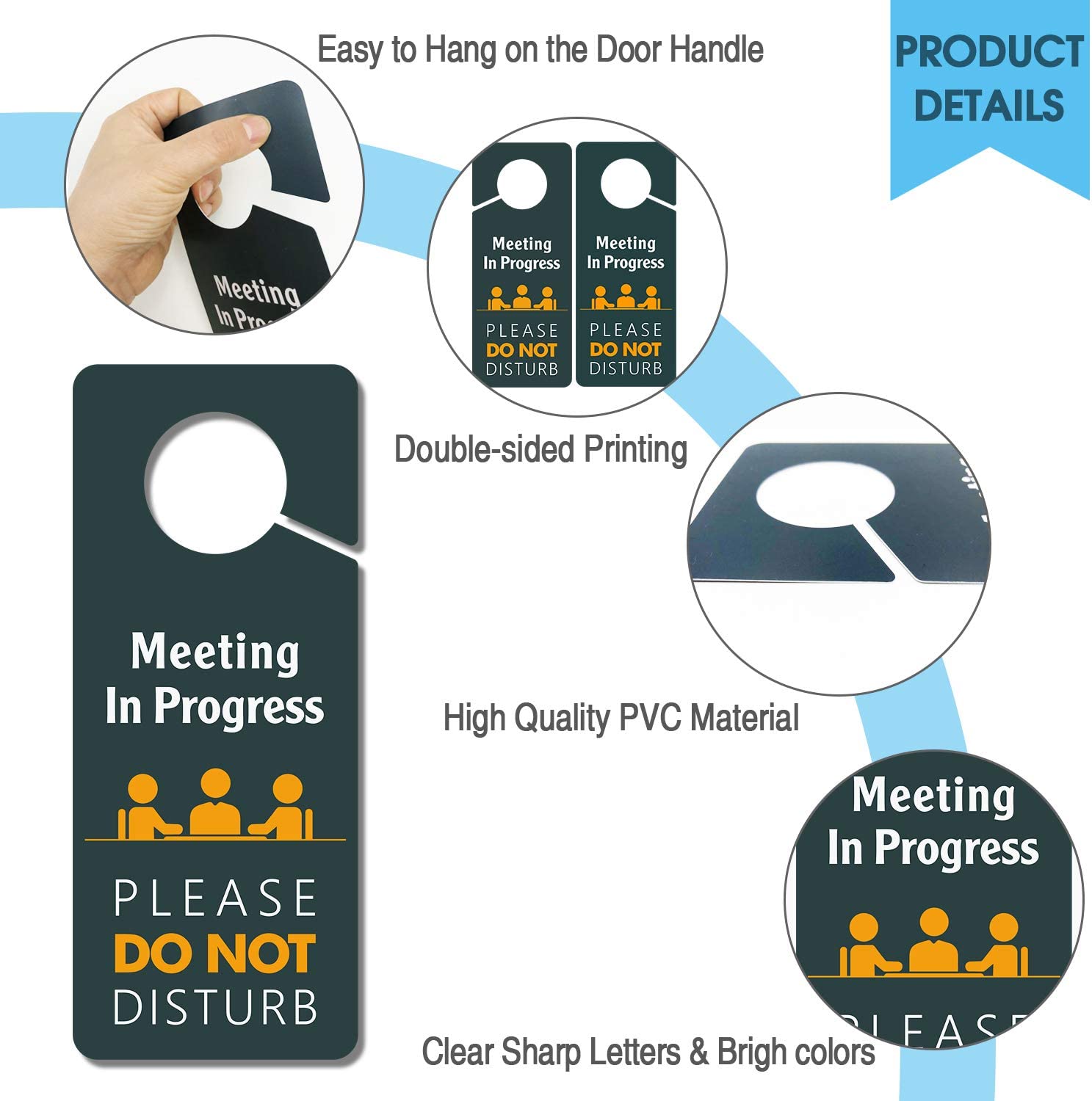 Meeting in Progress, Do Not Disturb Door Hanger Sign, 4 Pack Double Sided 3.5 x 8.7 inches PVC Plastic Perfect for Office ,Home, Clinic ,Hotel, and Counseling