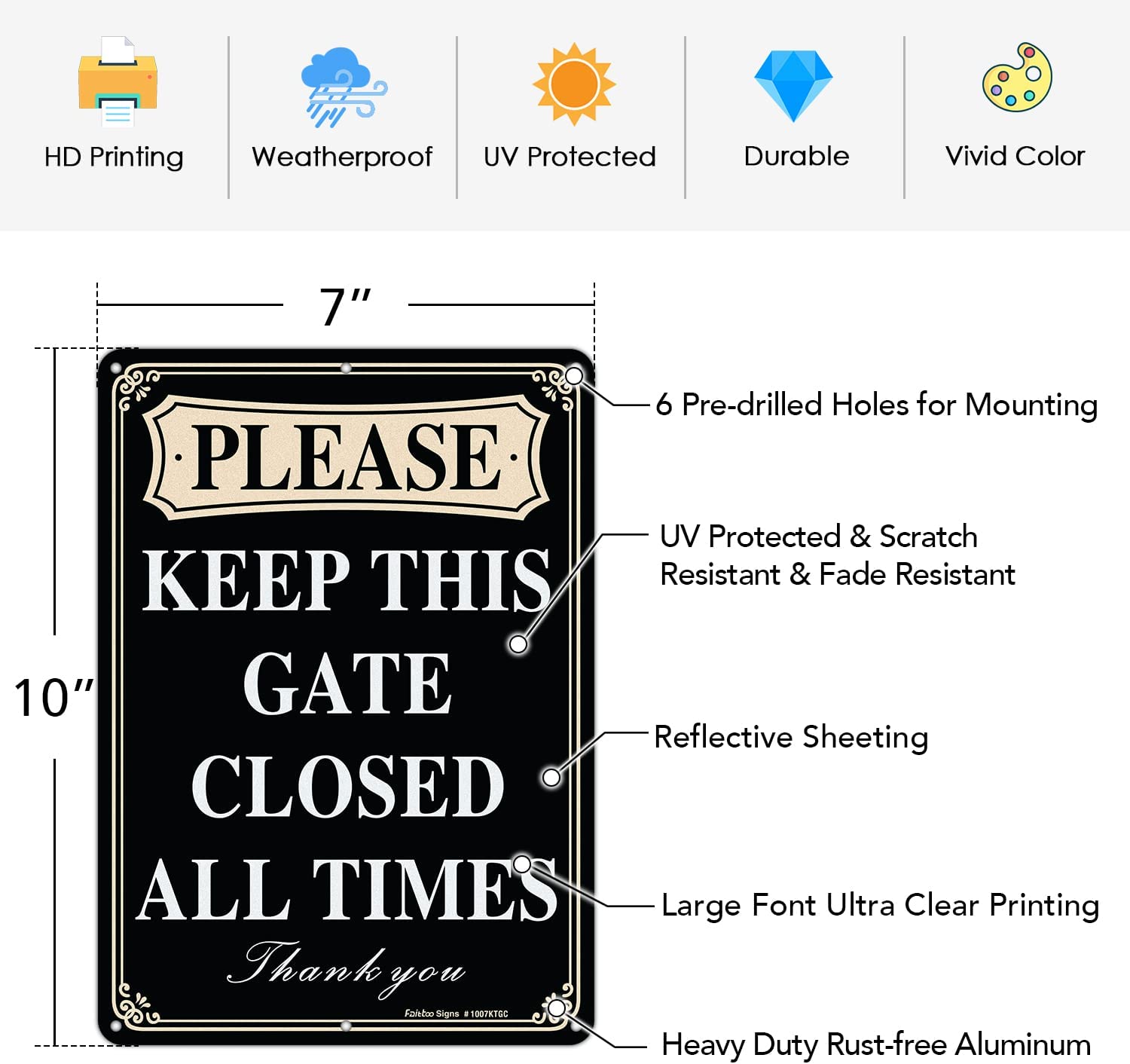 Please Keep This Gate Closed All Times Sign, 2-Pack 10 x 7 Inch Reflective Rust Free Aluminum, UV Protected, Weather/Fade Resistant, Easy to Install and Read, Indoor/ Outdoors Use