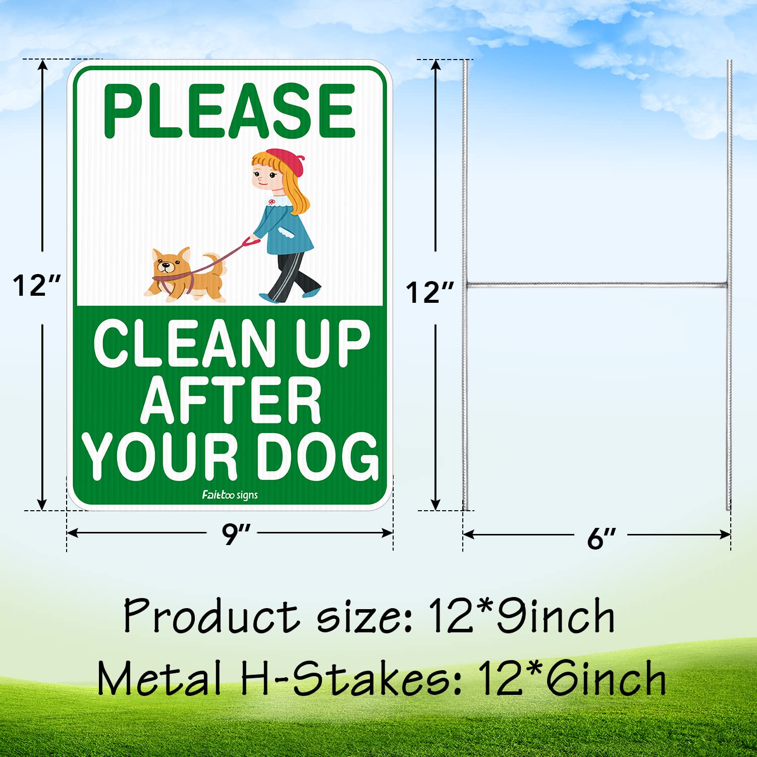 Clean Up After Your Dog Sign, 12 x 9 Clean Up After Your Pets Sign, Double Sided with Metal Wire H-Stakes Stands Corrugated Plastic, Waterproof, Weather Resistant, Easy to Mount, Non-fading