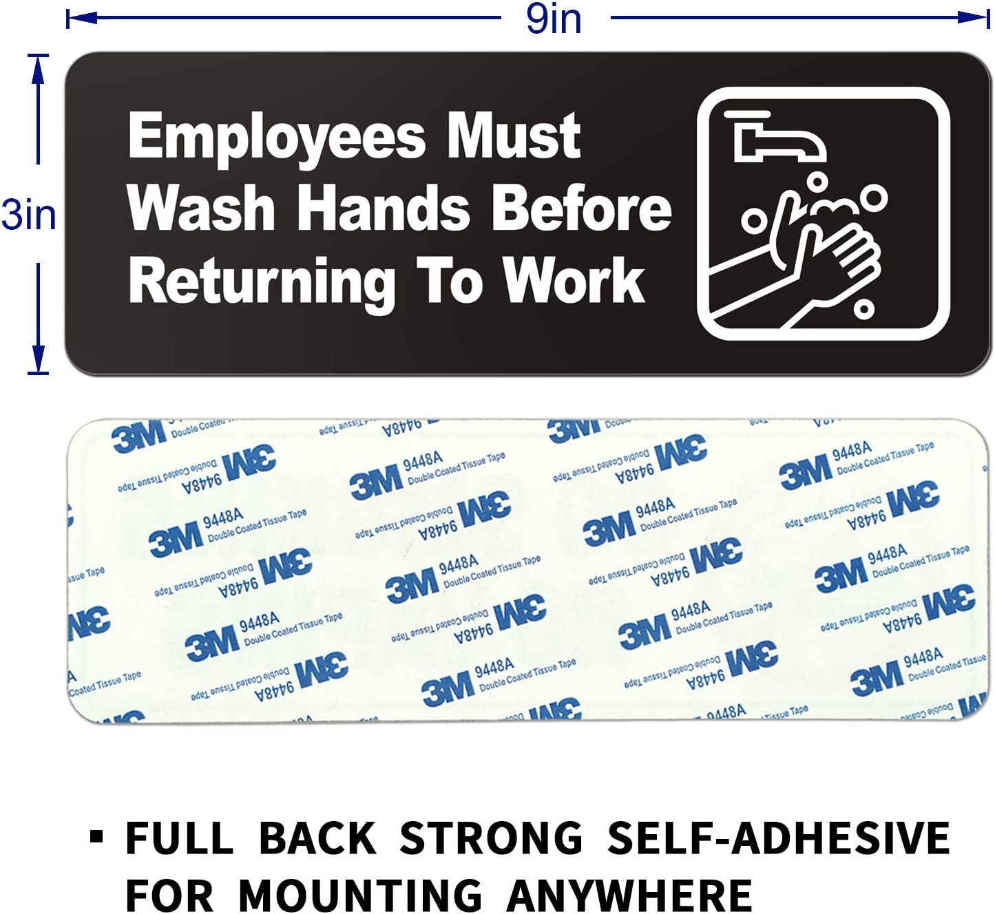 Employees Must Wash Hands Before Returning to Work Sign, (4 Pack) 9 x 3 Inch Acrylic Plastic Sign with Symbols, Self-adhesive, for Restaurant, Salons, Hotel, Motel, Rest Stops, Public Restrooms