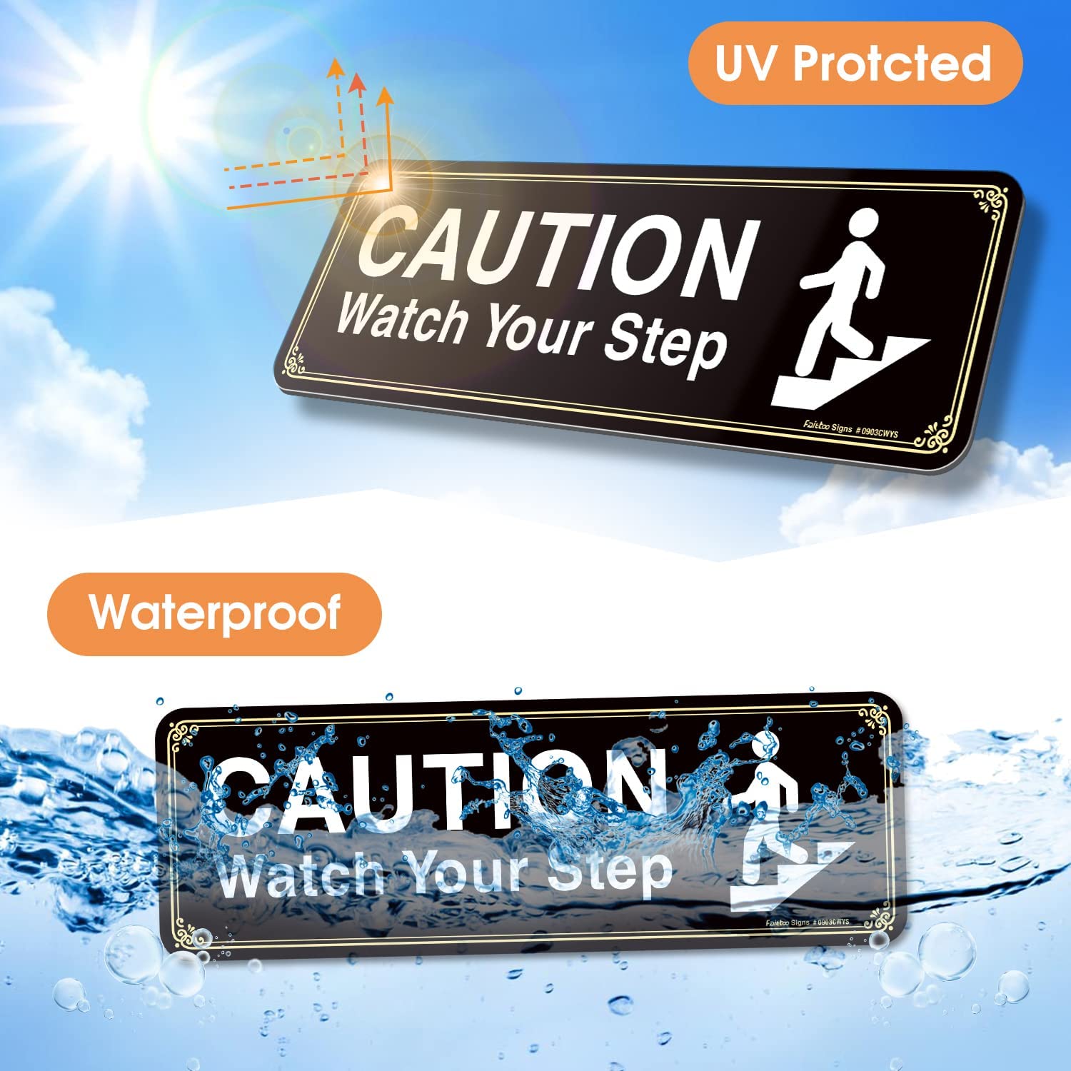 Caution Watch Your Step Sign, (4 Pack) 9 X 3 Inch, Self-Adhesive, Use for Home Office/Business, Easy to Apply, White Big Letters on Black Plate