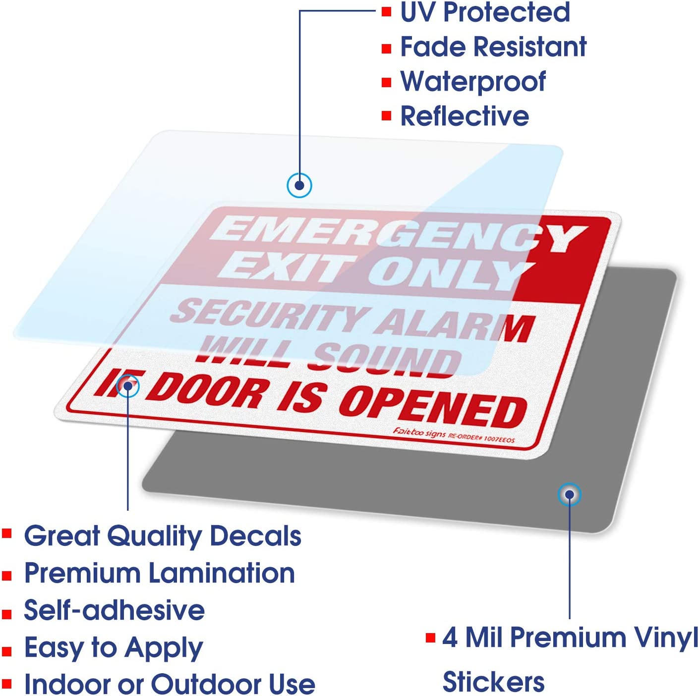 Emergency Exit Only Sticker, Emergency Exit Only - Security Alarm Will Sound If Door Is Opened Label, 10 x 7 inch Self-Adhesive Vinyl Decal Stickers, Reflective, UV Protected, Waterproof