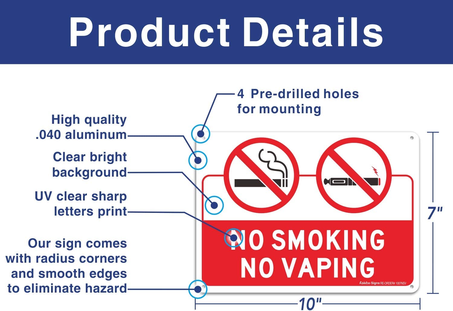 Faittoo No Smoking Sign, 2-Pack 10 x 7 Inch Reflective Rust Free Alumi