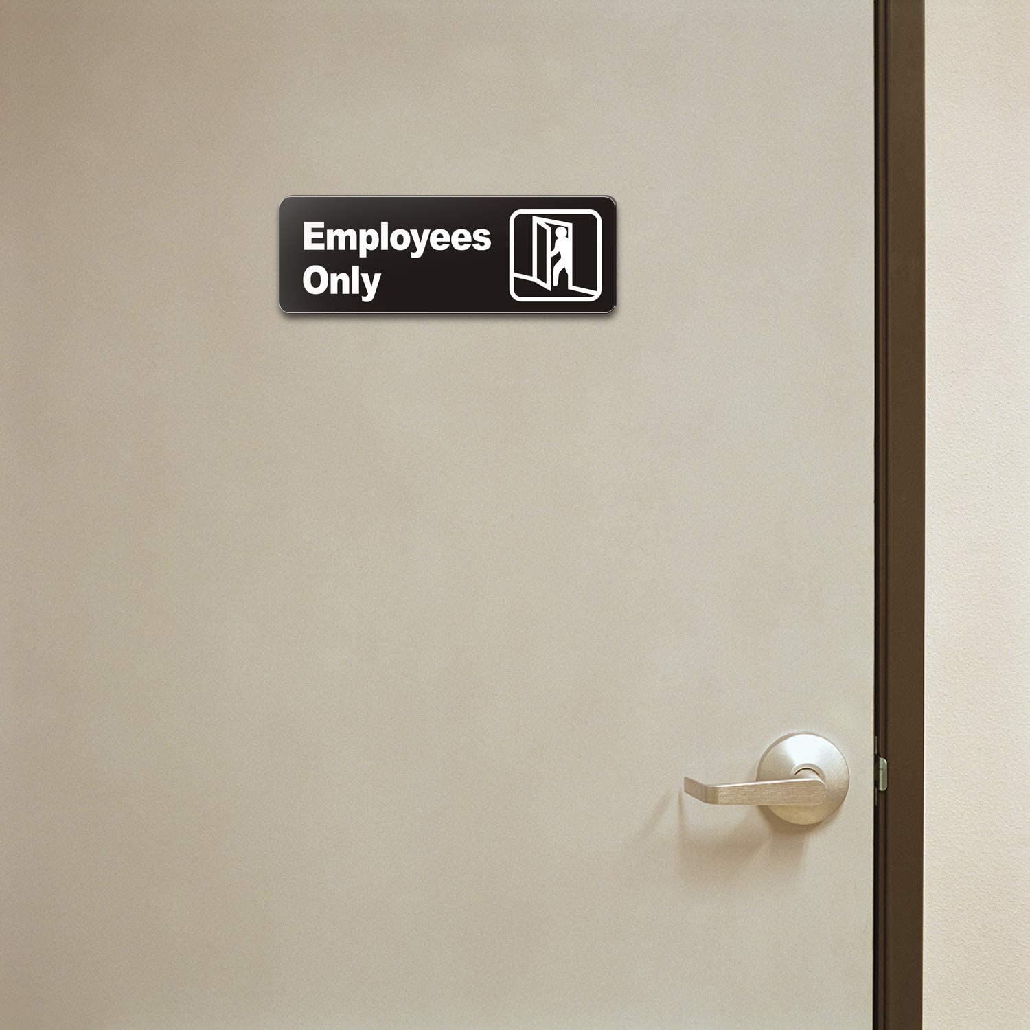 "Employee Only" Informative Acrylic Plastic Sign with Symbols, (4 Pack) 9 X 3 Inch, Self Adhesive, Use for Office/Business, Easy to Apply, White Big Letters on Black Plate