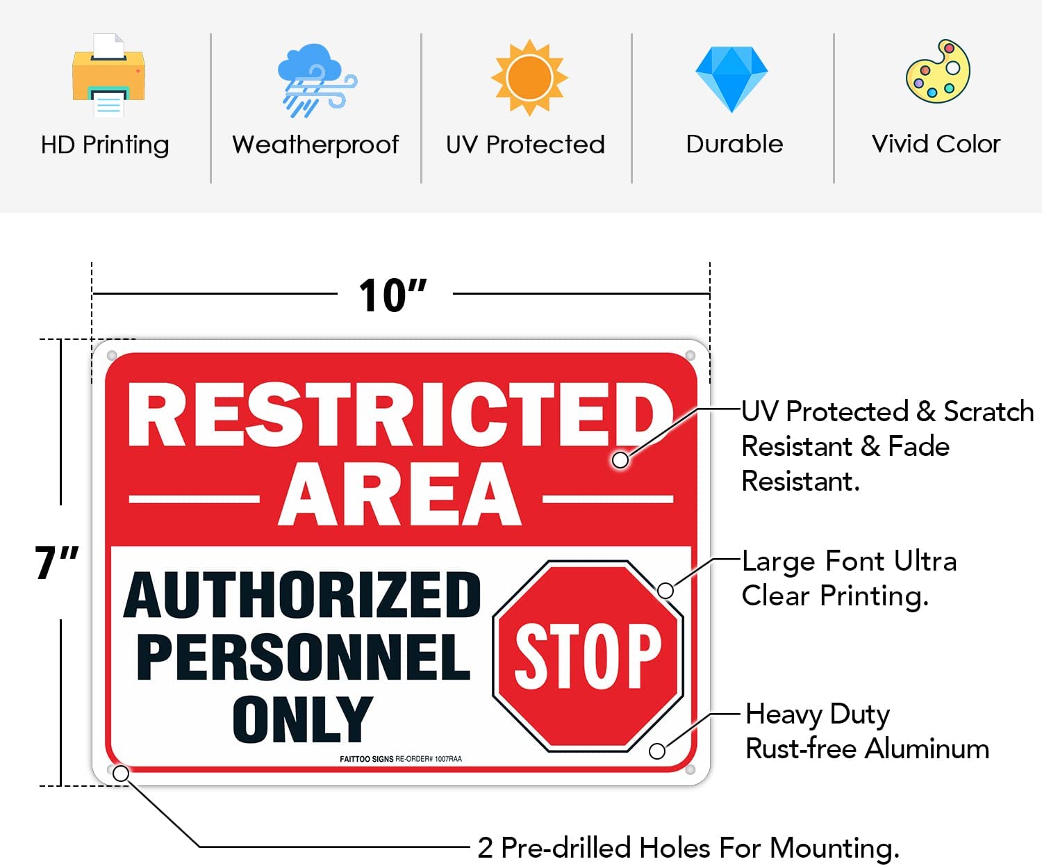 Restricted Area Sign Authorized Personnel Only, Do Not Enter Sign, 10 x 7 Inches .40 Rust Free Aluminum, UV Protected, Waterproof, Weather Resistant, Durable Ink, Easy to Mount