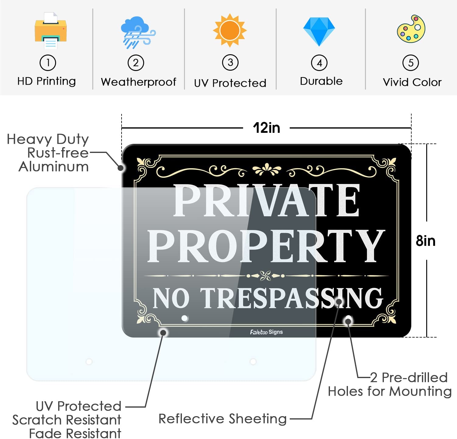 Faittoo Private Property No Trespassing Sign with Metal Stakes, 12 x 8 Heavy Duty Aluminum, Reflective, Fade Resistant,UV Protected,Weatherproof Easy to Assemble, Up to 7 Years Indoor/Outdoor Use