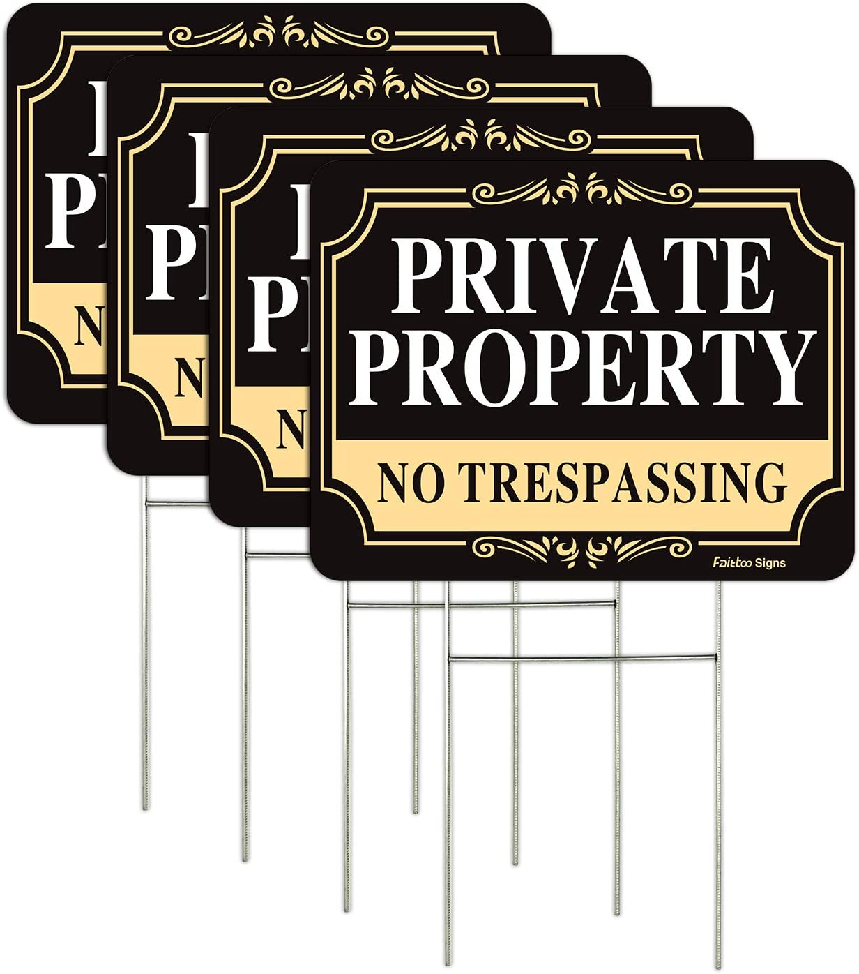 Faittoo No Trespassing Signs Private Property, 12 x 9 Inch,Double Sided with Metal Wire H-Stake Stands Corrugated Plastic,Waterproof, Weather Resistant,Easy to Mount, Non-Fading