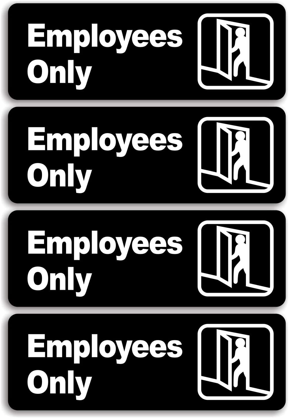 "Employee Only" Informative Acrylic Plastic Sign with Symbols, (4 Pack) 9 X 3 Inch, Self Adhesive, Use for Office/Business, Easy to Apply, White Big Letters on Black Plate