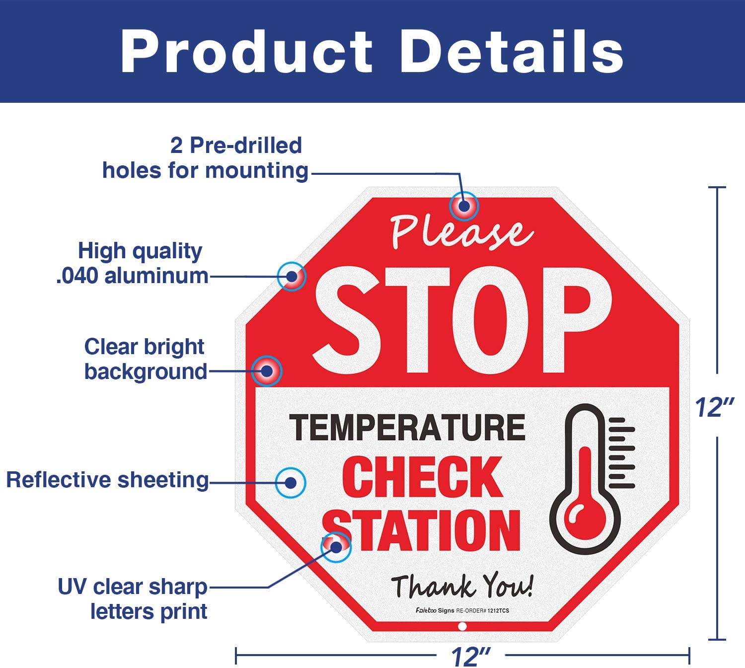 Stop Temperature Check Station Sign,12x12 Inch Octagon Rust Free Aluminum Metal Sign, Reflective, Weather/Fade Resistant,Easy to Mount,Indoor/Outdoor Use