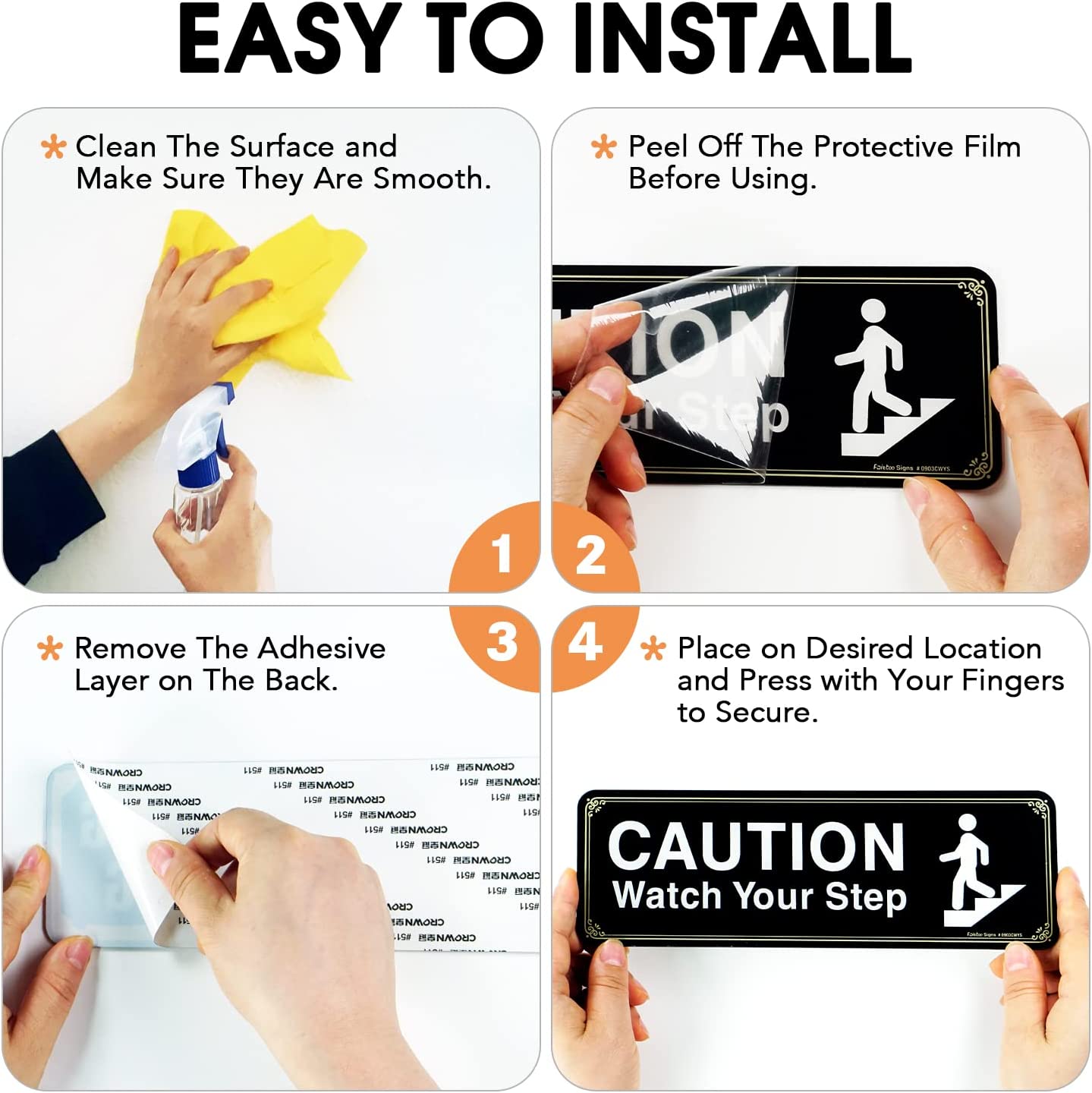 Caution Watch Your Step Sign, (4 Pack) 9 X 3 Inch, Self-Adhesive, Use for Home Office/Business, Easy to Apply, White Big Letters on Black Plate