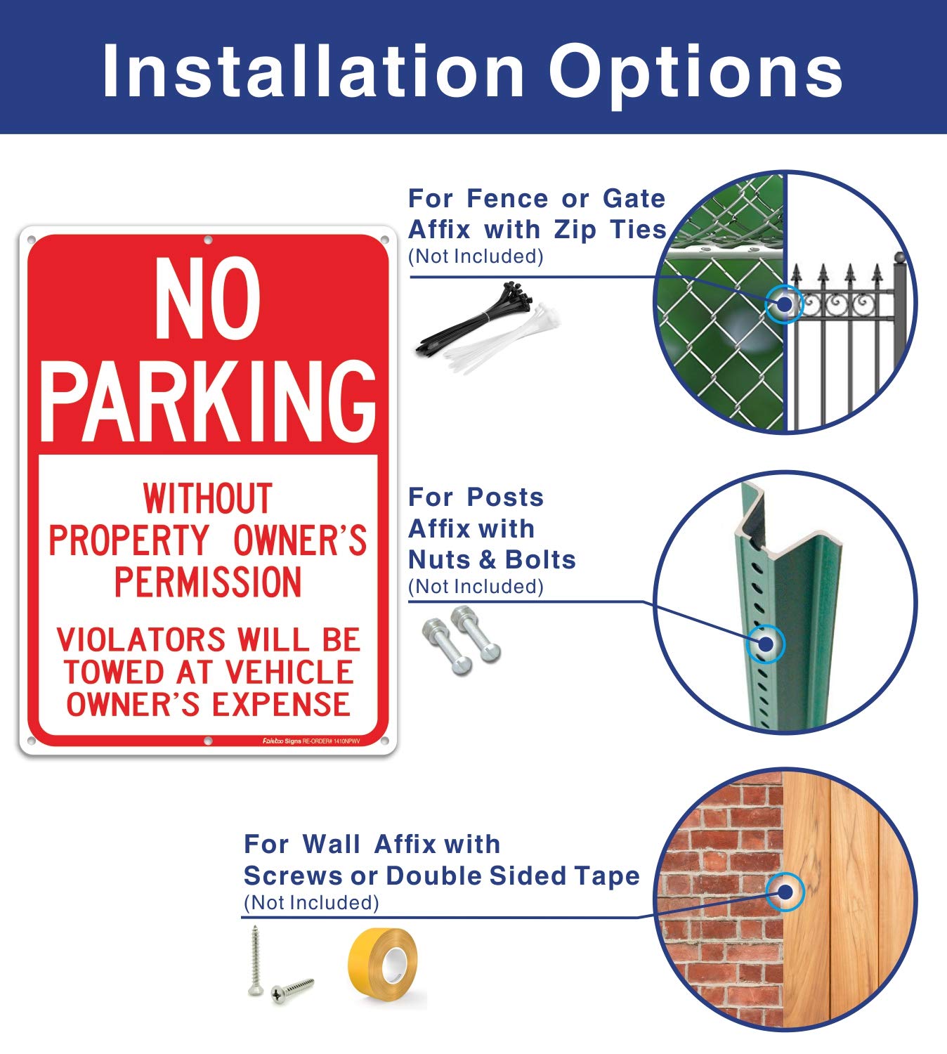 No Parking Without Property Owner's Permission, Violators Will Be Towed at Vehicle Owner's Expense Sign, Reflective .40 Rust Free Aluminum 14 x 10, UV Protected, Weather Resistant, Waterproof, Durable