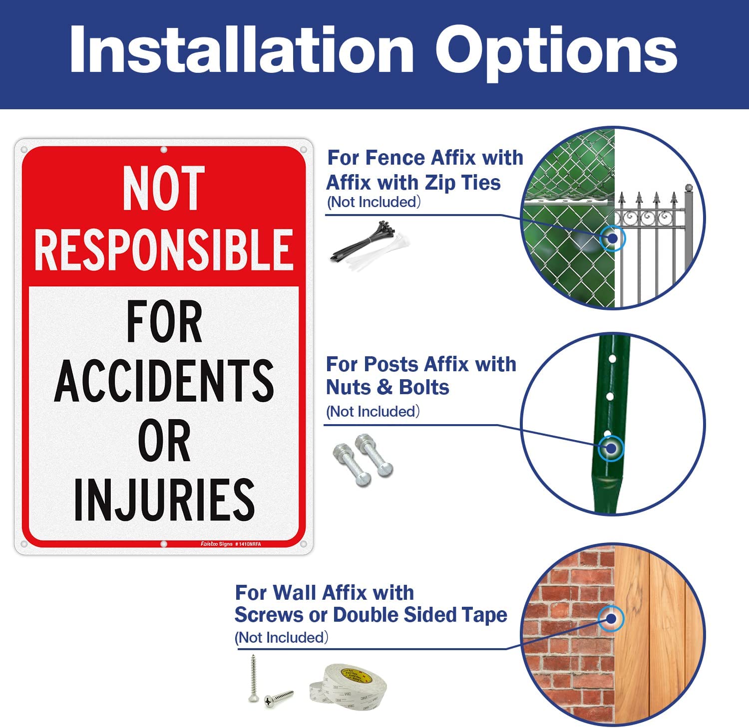 Faittoo Not Responsible for Accidents or Injuries Sign, Enter at Your Own Risk Warning Sign, 14 x 10 Inch Reflective Rust Free Aluminum Sign, Weather/Fade Resistant, Easy to Install, Outdoors Use