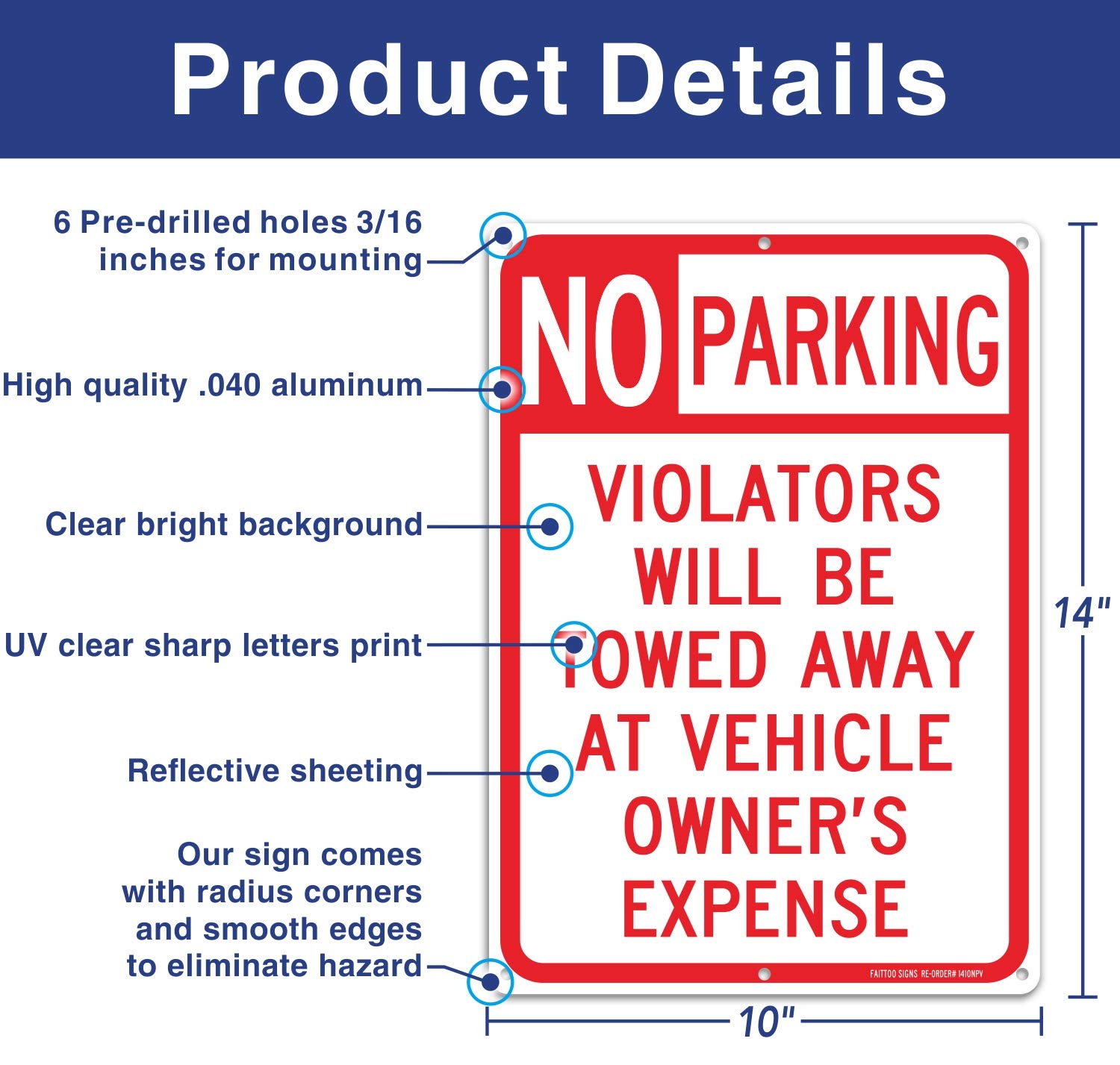 No Parking Sign 2 Pack, Violators Will Be Towed Away at Vehicle Owners Expense, 14 X 10 Reflective .40 Rust Free Aluminum, UV Protected, Weather Resistant, Waterproof, Durable Ink，Easy to Mount