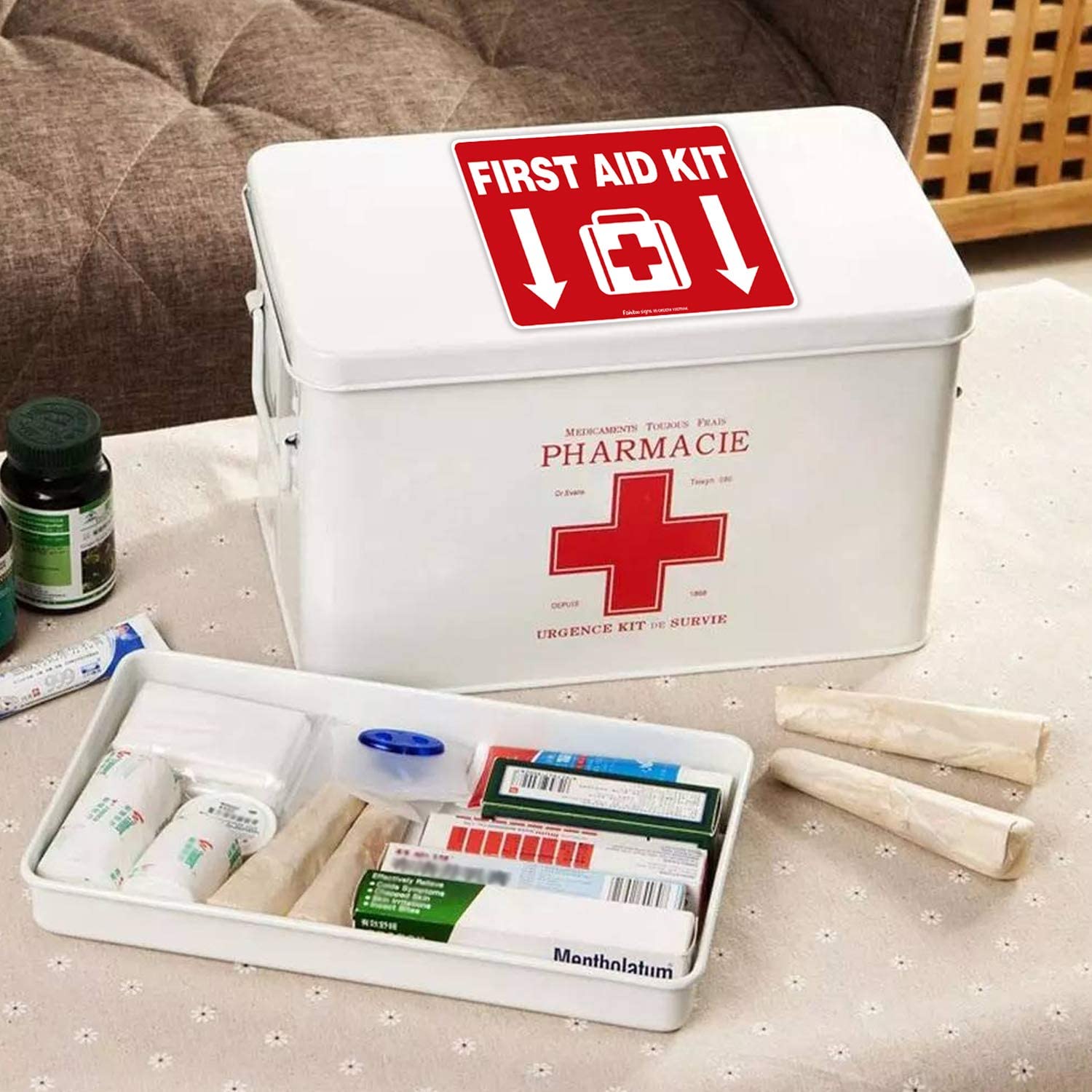 First Aid Kit Sticker, First Aid Kit Sticker Decal for Home, Schools and Business, 10 x 7 inch Self-Adhesive Vinyl Decal Stickers, Reflective, UV Protected, Waterproof