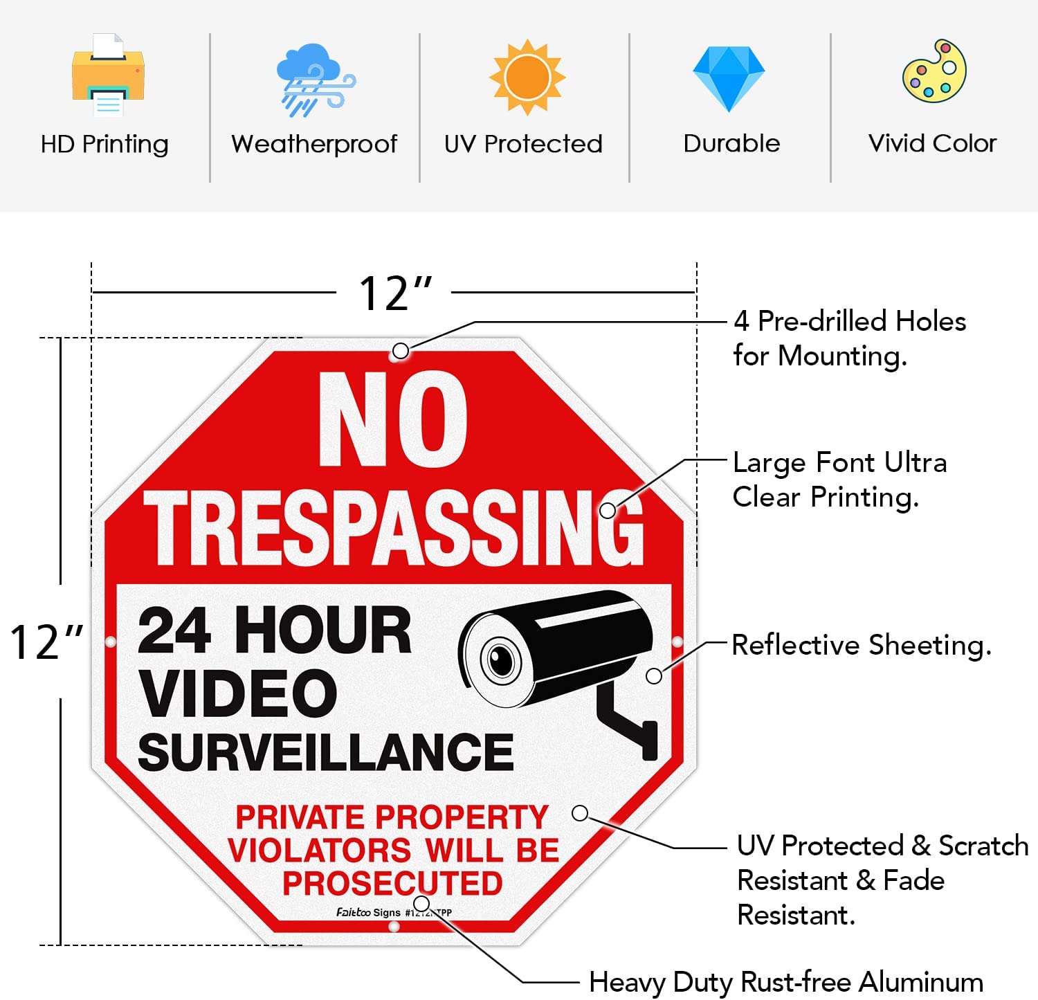 No Trespassing Sign Private Property Protected By Video Surveillance Violators Will Be Prosecuted Sign, 2-Pack 12 x 12 Inch Reflective Aluminum, UV Protected, Weather/Fade Resistant, Easy to Install