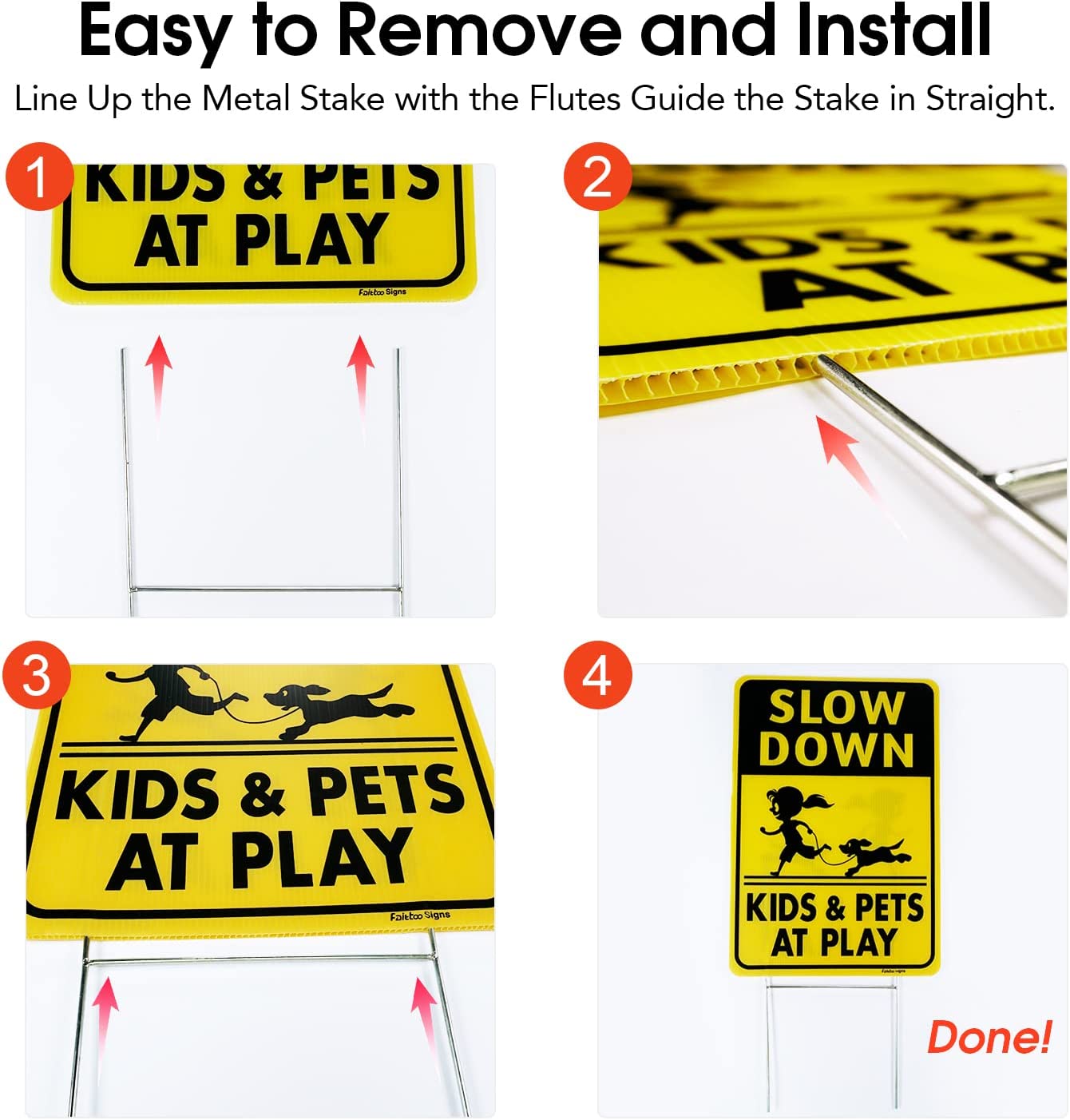 Faittoo Slow Down Signs, Kids and Pets at Play Sign with Stake,18 x 12 Double-Sided Corrugated Plastic Yard Sign, Easy to Assemble, Waterproof, Weather Resistant, Non-Fading,(2 Pack)