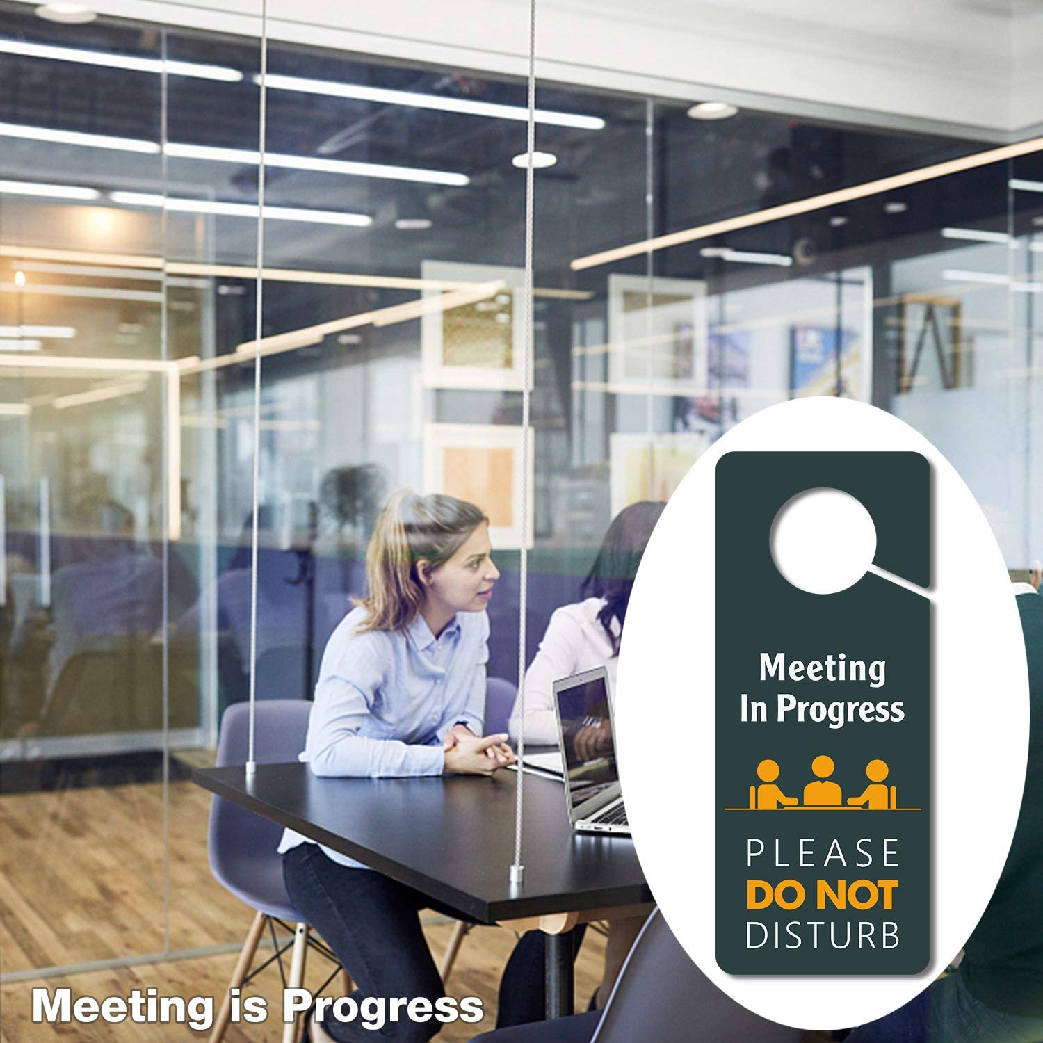 Meeting in Progress, Do Not Disturb Door Hanger Sign, 4 Pack Double Sided 3.5 x 8.7 inches PVC Plastic Perfect for Office ,Home, Clinic ,Hotel, and Counseling