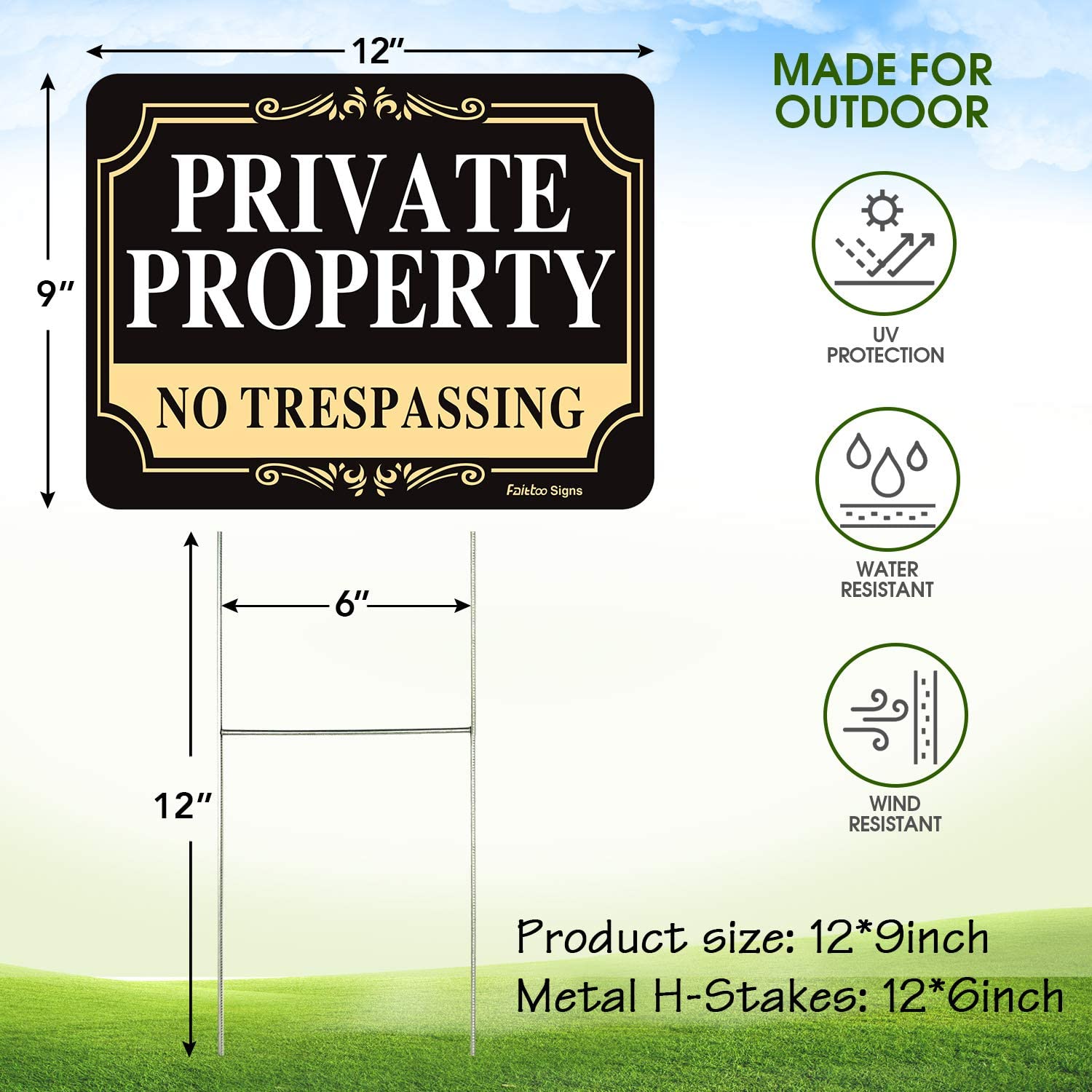 Faittoo No Trespassing Signs Private Property, 12 x 9 Inch,Double Sided with Metal Wire H-Stake Stands Corrugated Plastic,Waterproof, Weather Resistant,Easy to Mount, Non-Fading